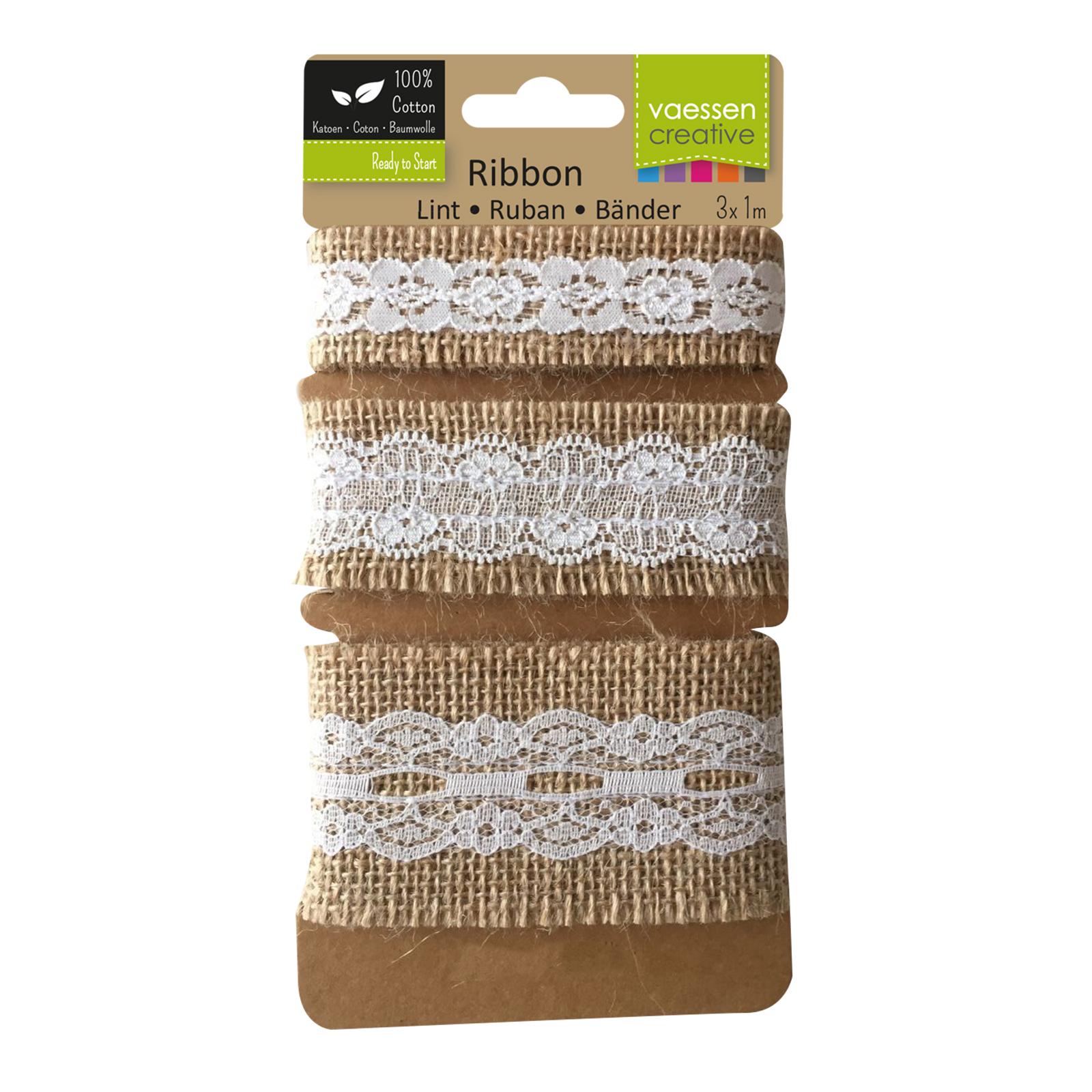 Vaessen Creative • Assortiment Cinta de yute/Lace Naturel/Ivory 3pcs 1m