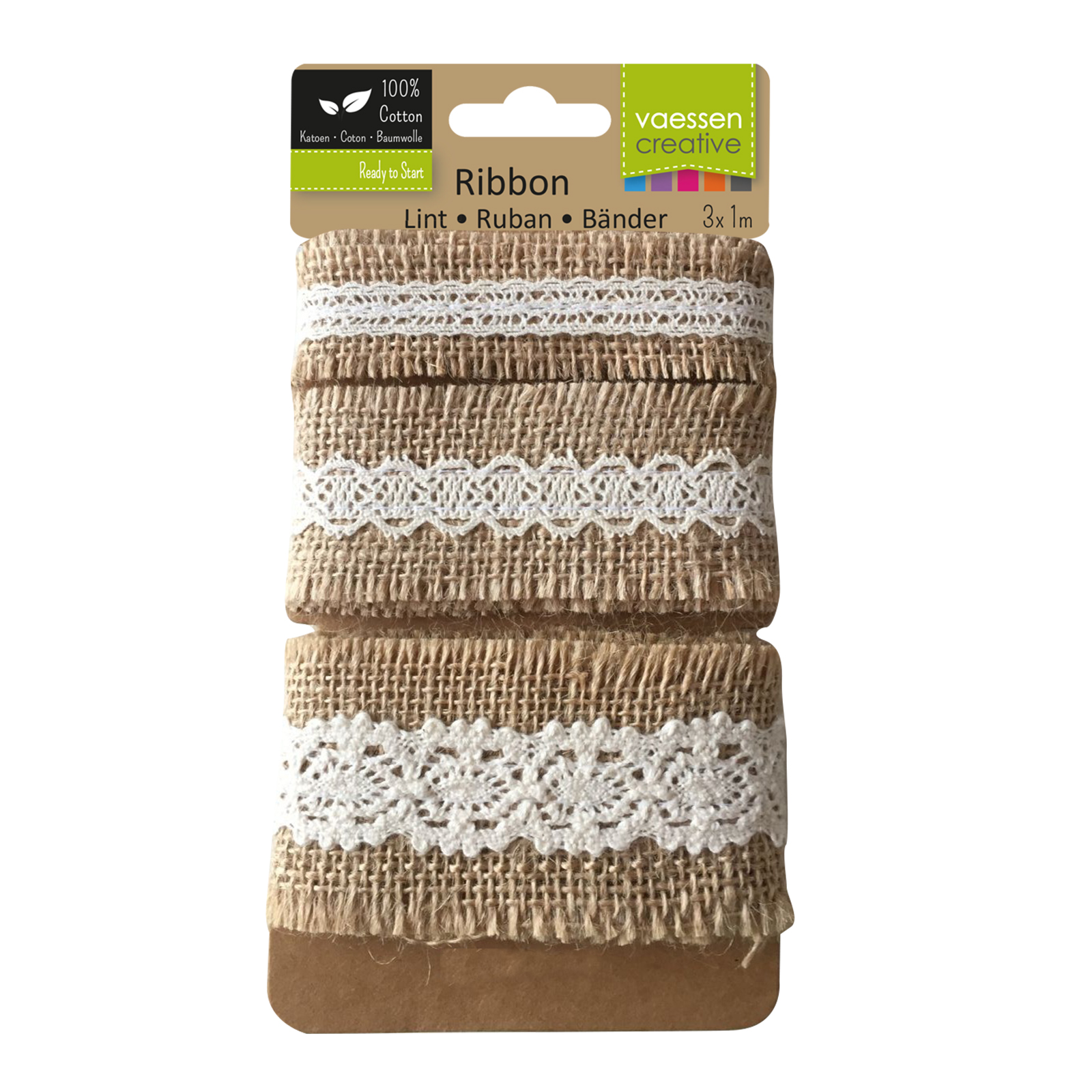 Vaessen Creative • Assortiment Juten band/Kant Naturel/Ivoor 3pcs 1m