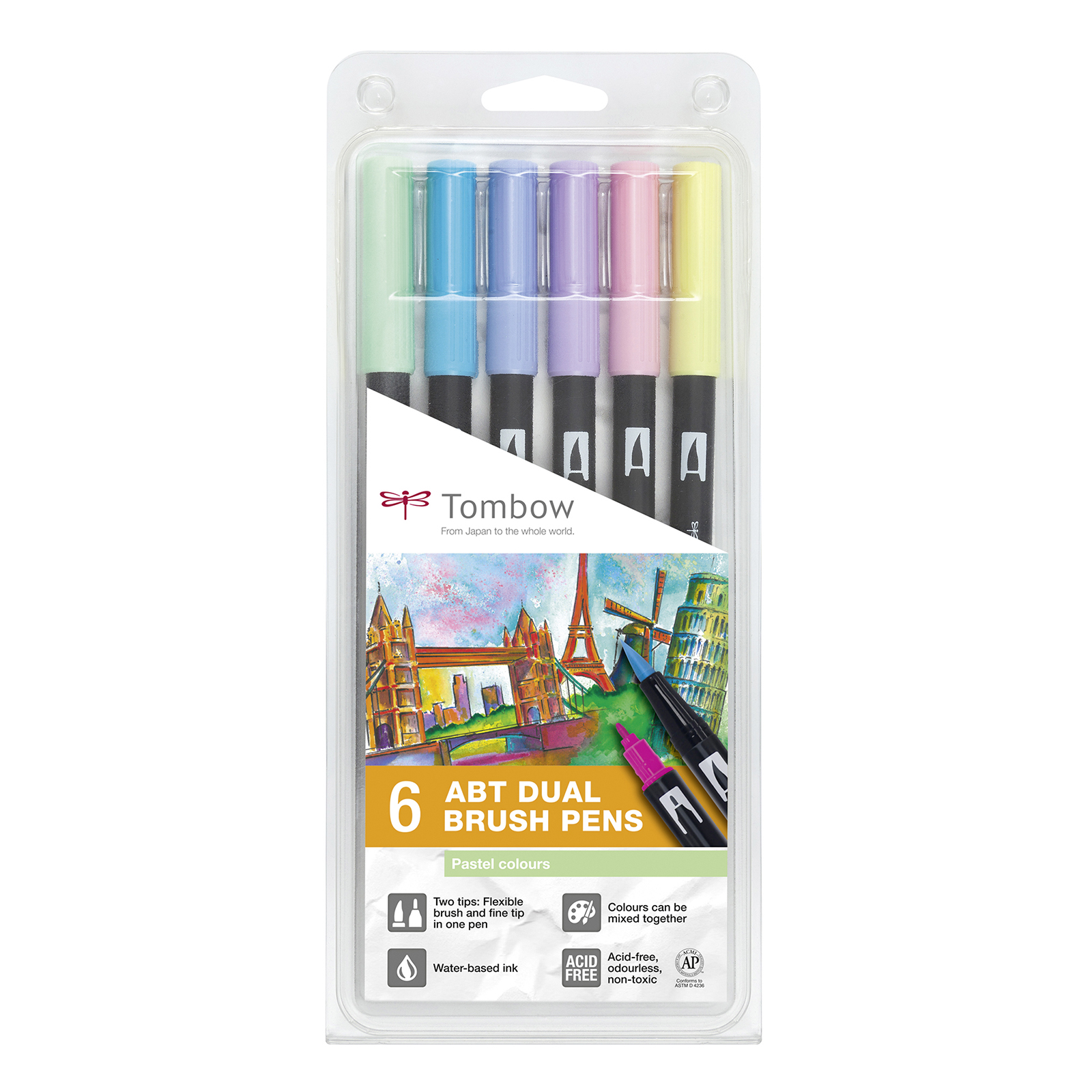 Tombow • Brush pen con doble punta set de 6 Colores pastel