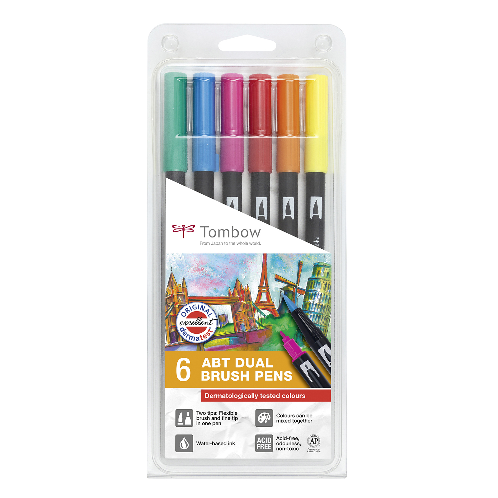 Tombow • Brush pen con doble punta set de 6 colores probados dermatológicamente