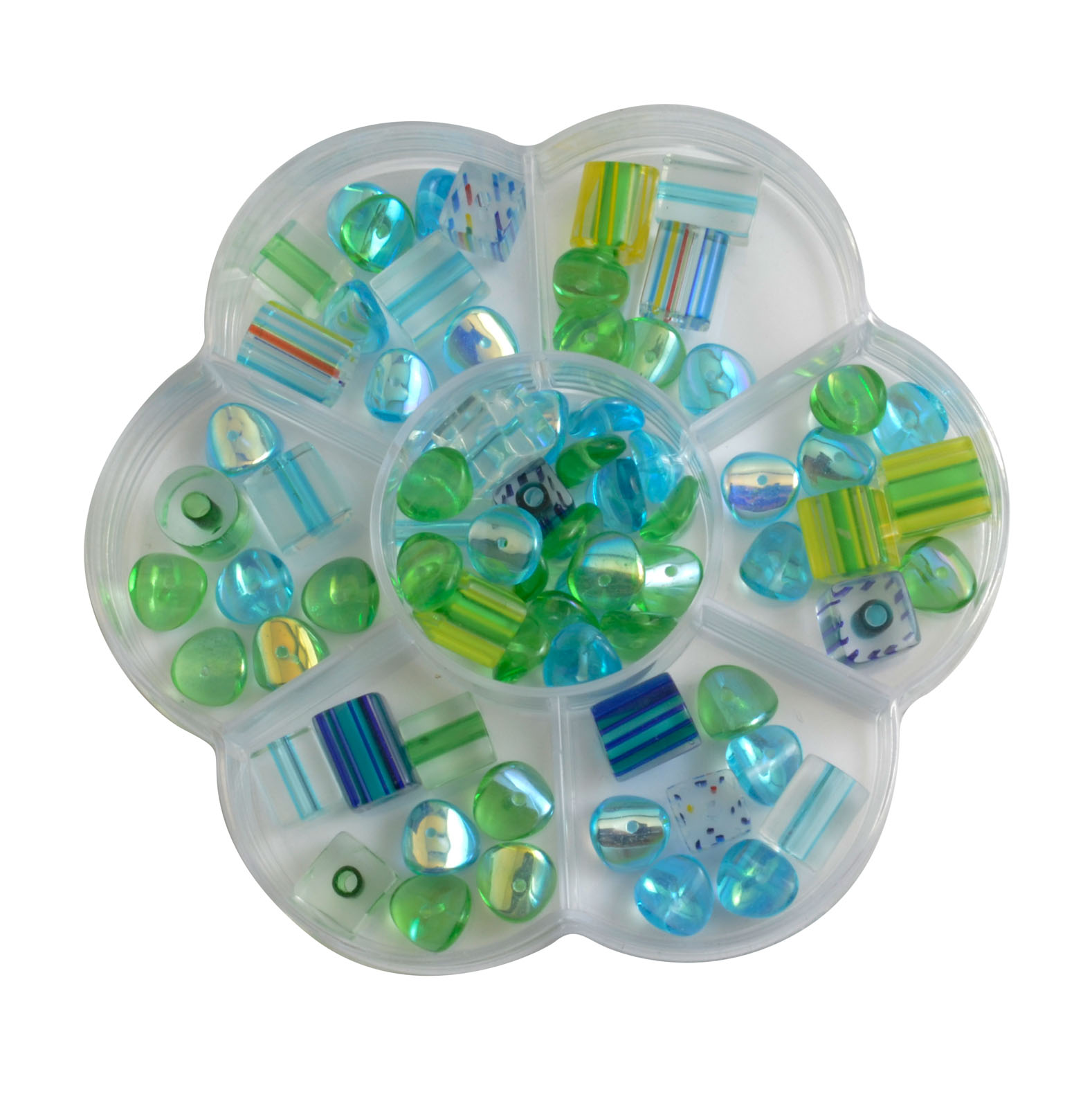 Vaessen Creative • Glass Beads Flower-Box +/- 60g assorti Green-Turquoise