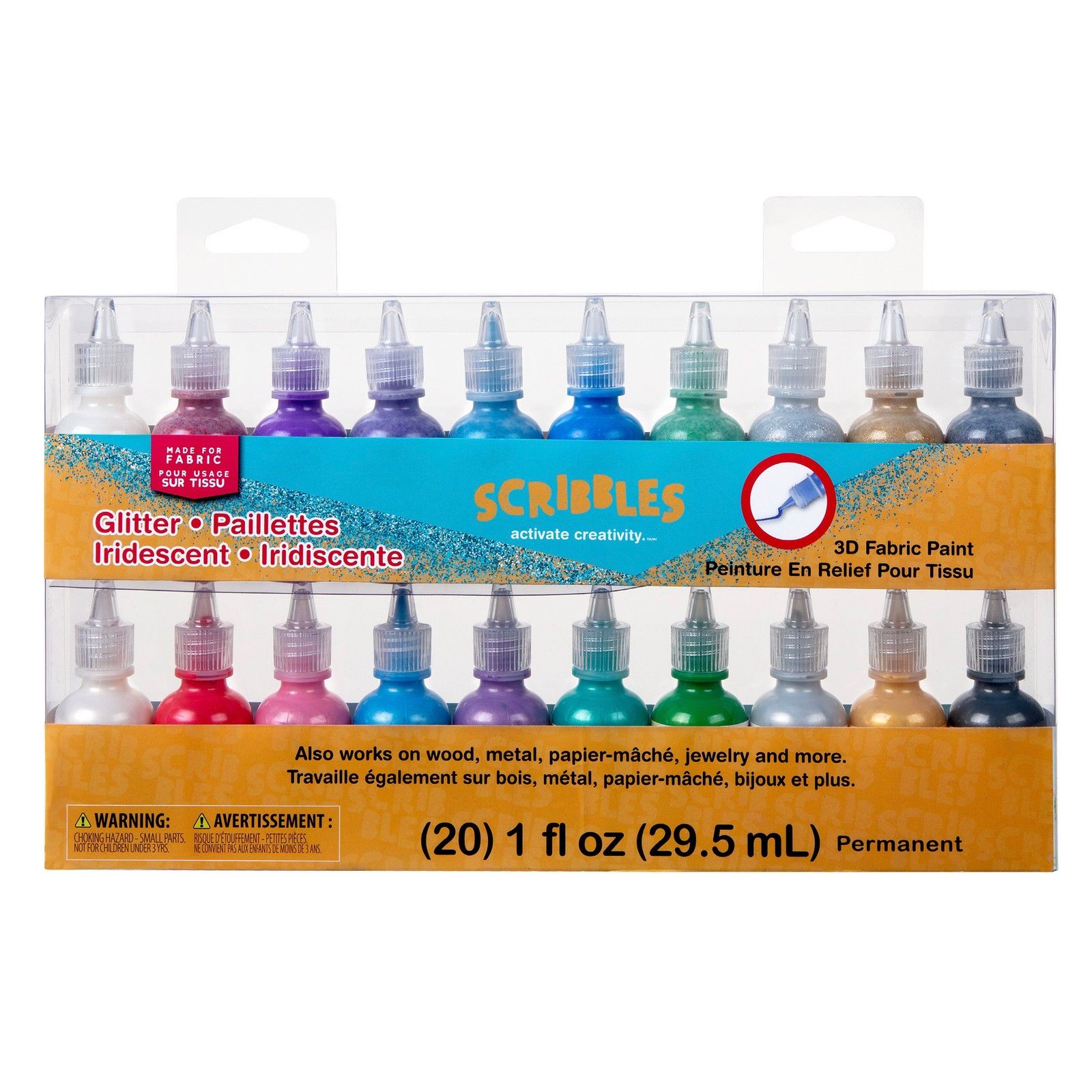 Scribbles • 3D Textilfarbe Set 29,5ml Glitter & Regenbogen 20Stück