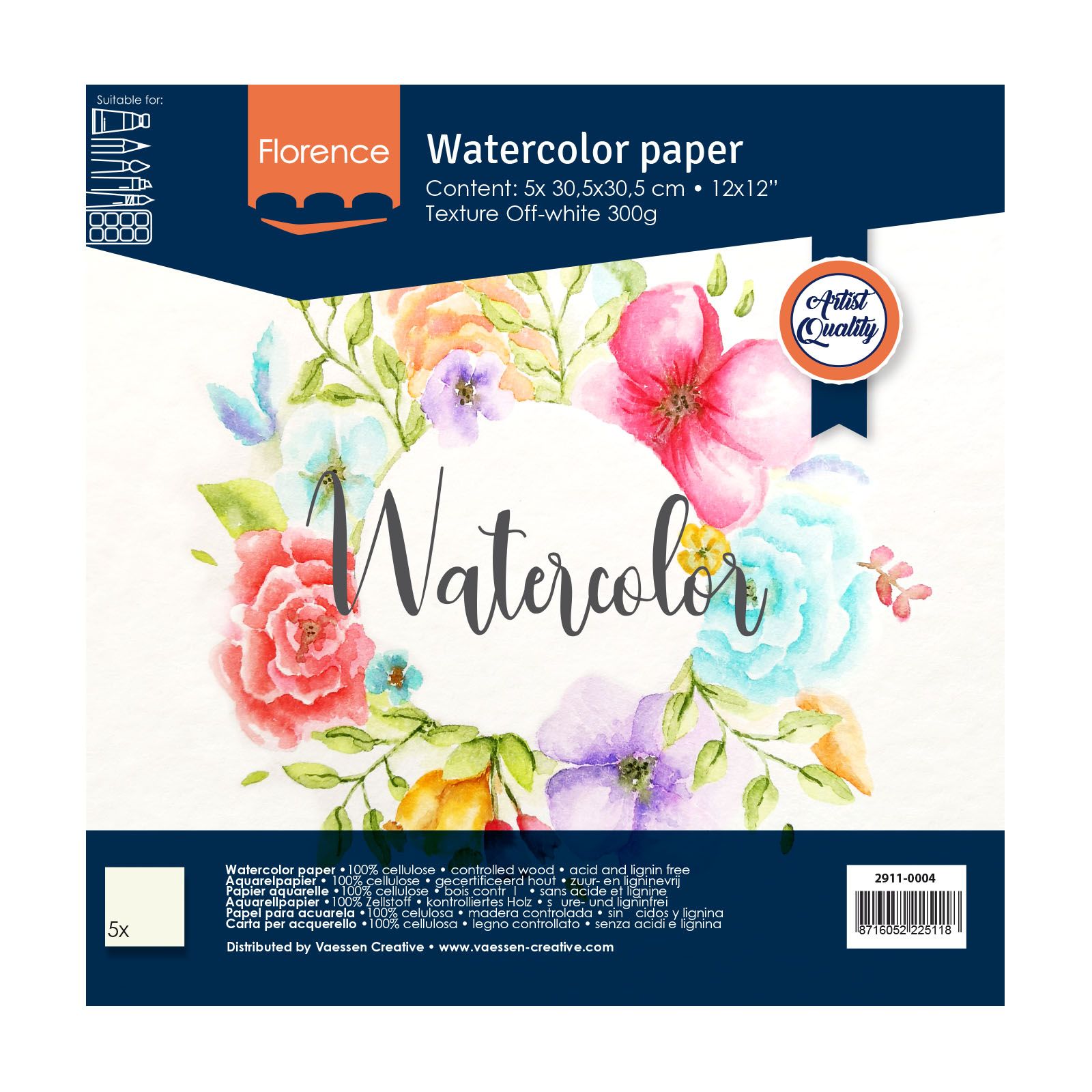 Florence • Aquarellpapier 300g Textur 30,5x30,5cm Off-White 5x 