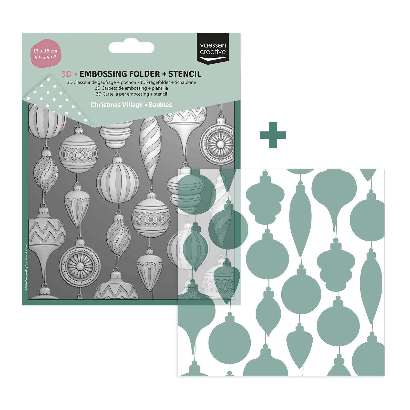 Vaessen Creative • 3D Embossing Folder + Stencil Christmas Baubles 5.9x5.9"