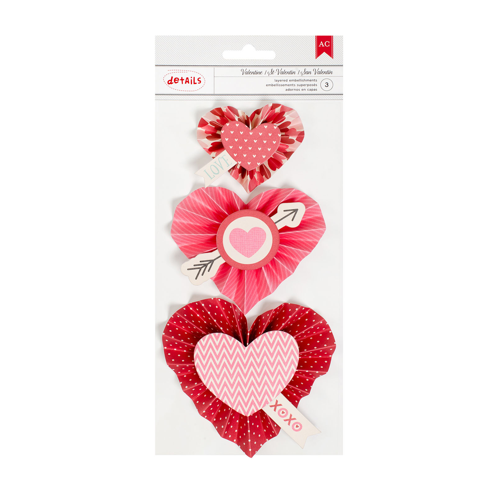 American Crafts • Valentines heart rosettes 3pcs self-adhesive