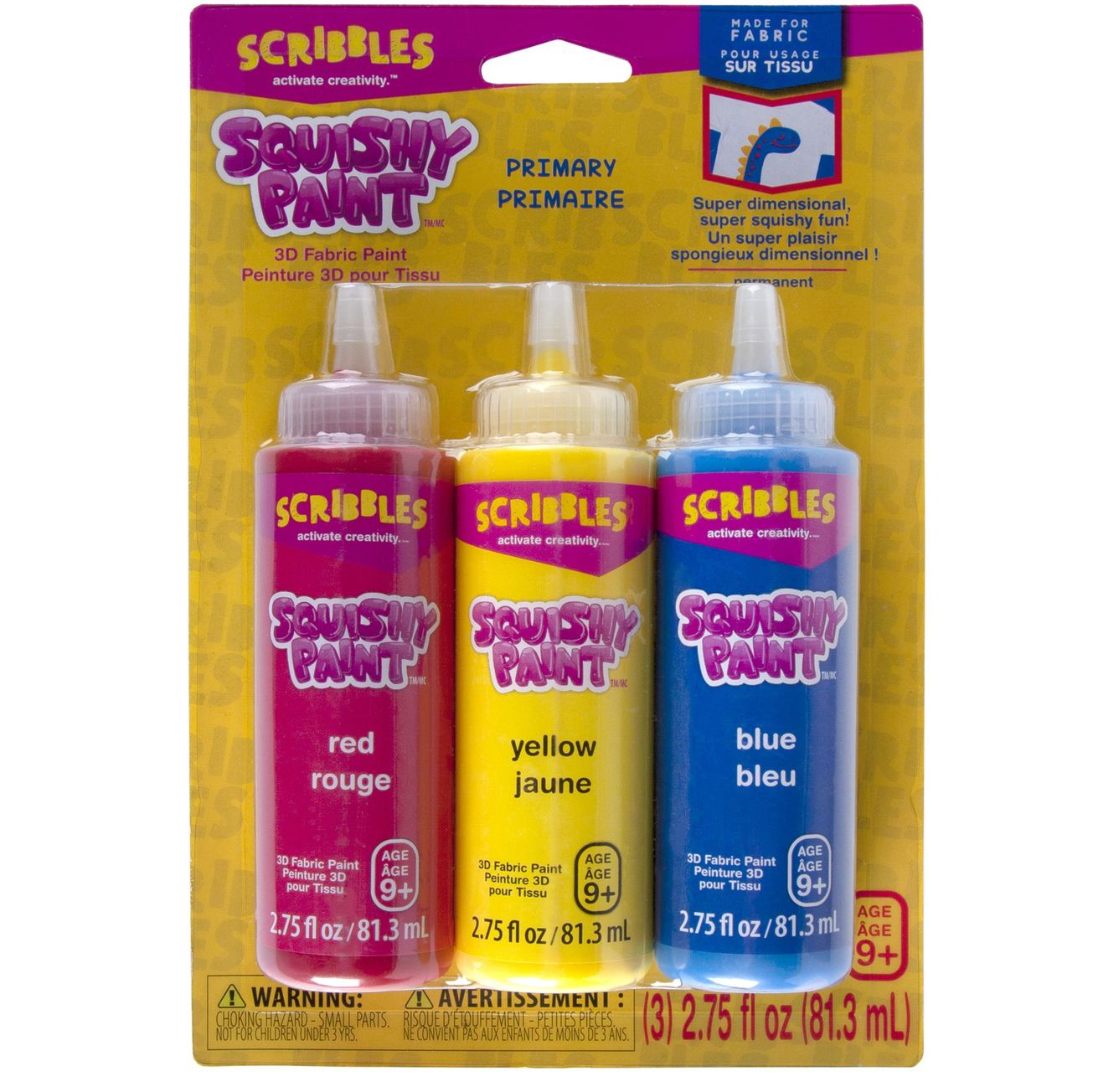 Scribbles • Squishy 3D Fabric Paint Shiny 81.3ml Red Yellow & Blue 3pieces
