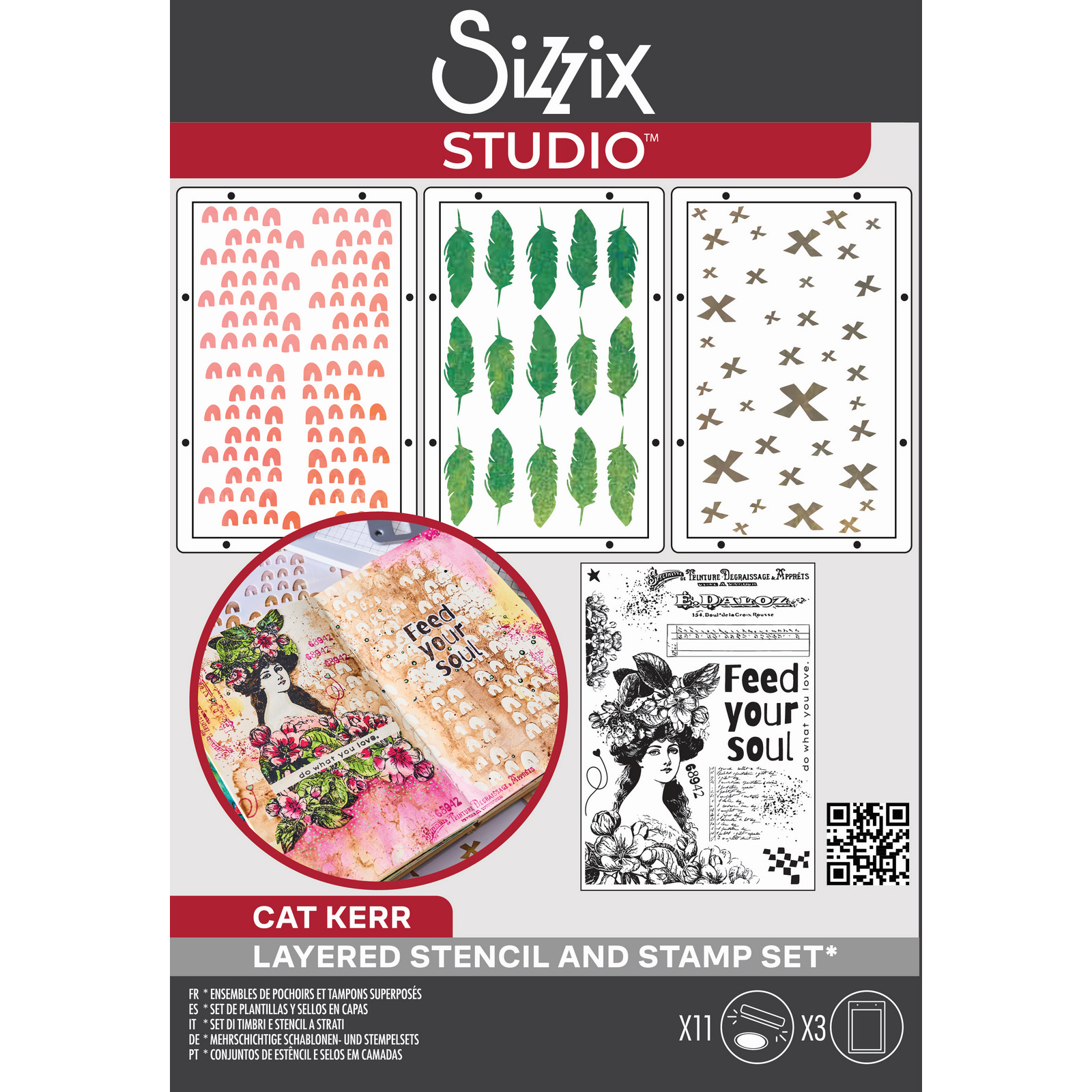 Sizzix • Studio Stamps Set 11pcs & 3pcs Stencils Feed your Soul by Cat Kerr