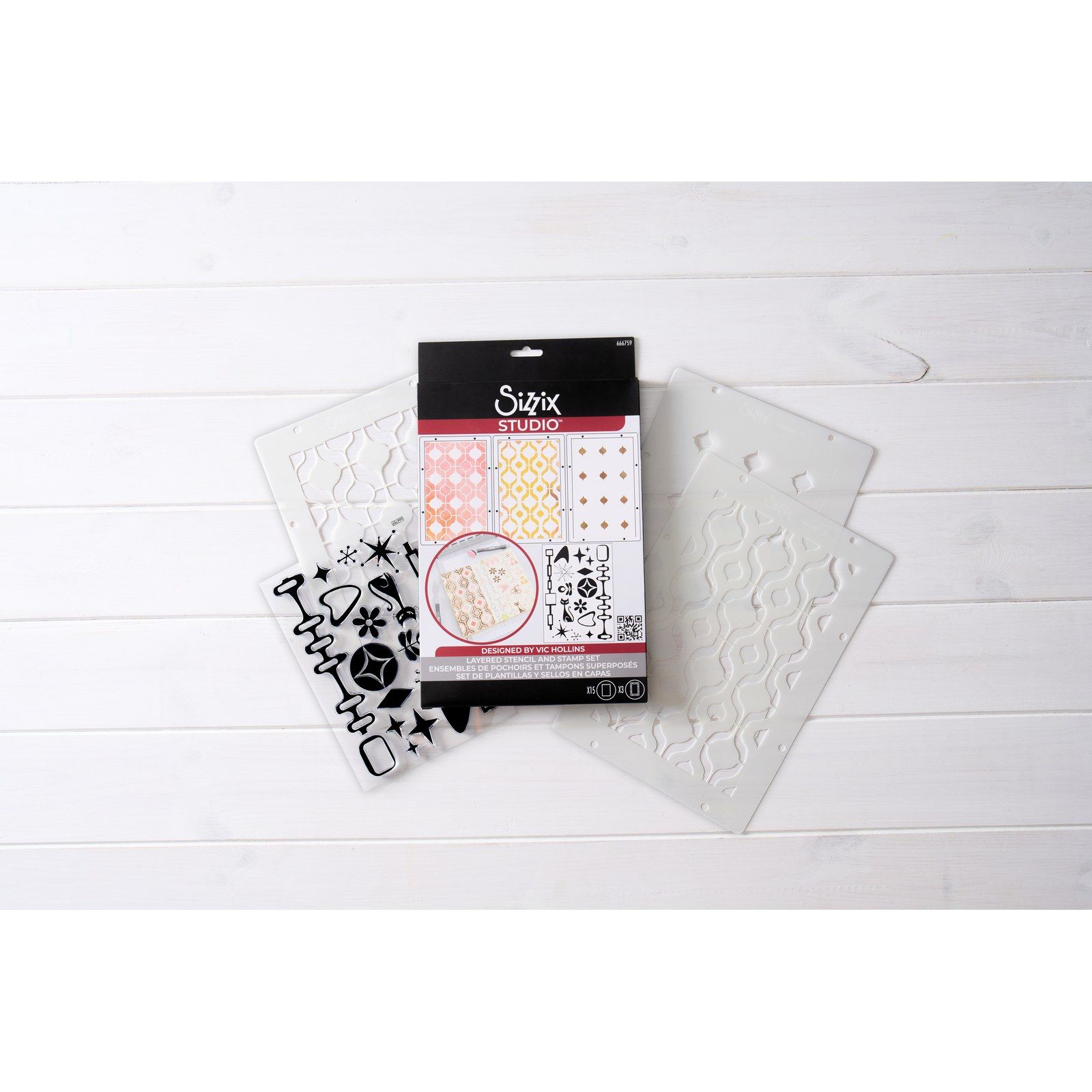 Sizzix • Studio Stamps Set 15pcs & 3pcs Stencils Retro by Vic Hollins