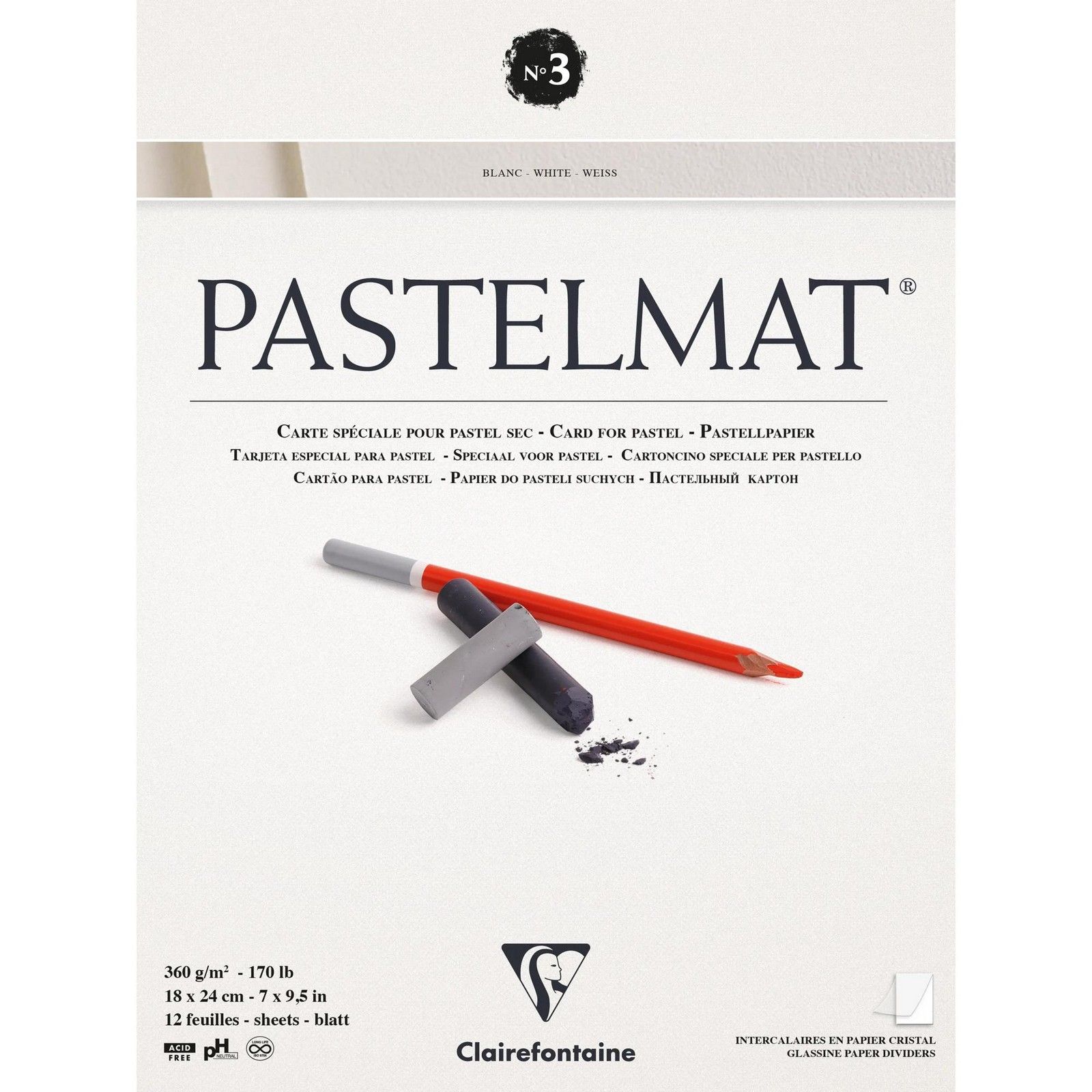Clairefontaine • Papel Esterilla Pastel nr3 12 hojas 360gr 18x24cm Blanco