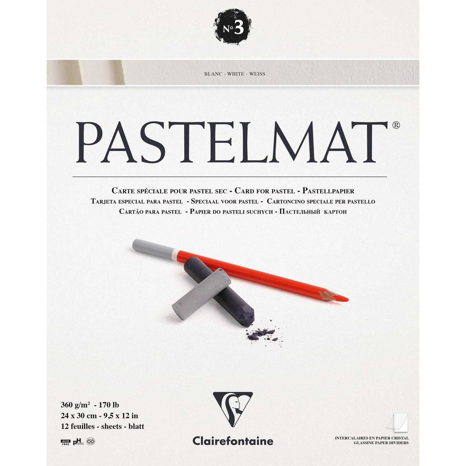 Clairefontaine • Pastel Mat Paper nr3 12 hojas 360gr 24x30cm Blanco