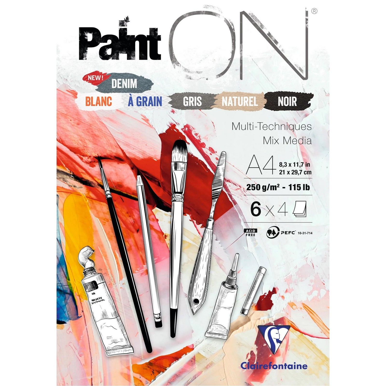 Clairefontaine • PaintON Papel Mix Media 250gr Surtido 6x4hojas A4