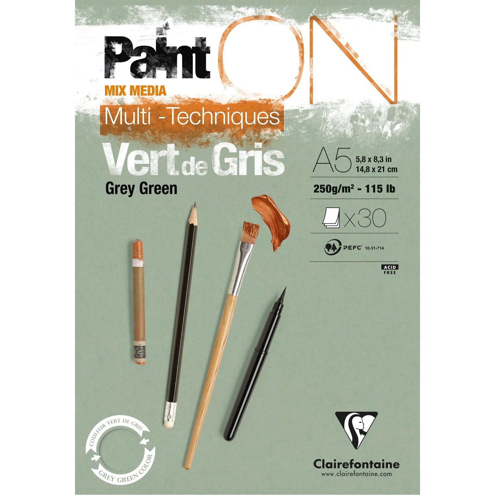 Clairefontaine • PaintON Papel Mix Media Gris Verde A5 30 hojas 250gr