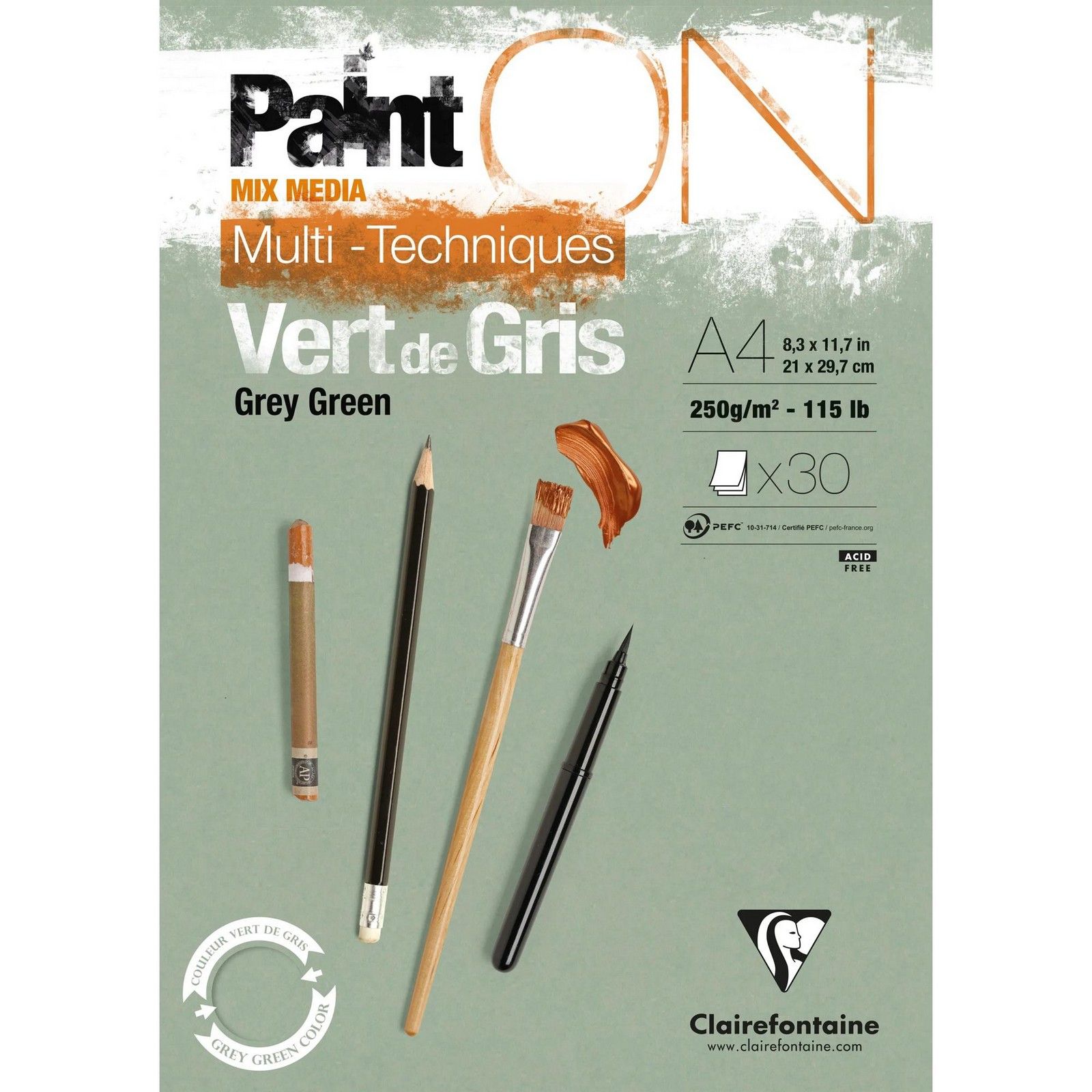 Clairefontaine • PaintON Papel Mix Media Gris Verde A4 30 hojas 250gr