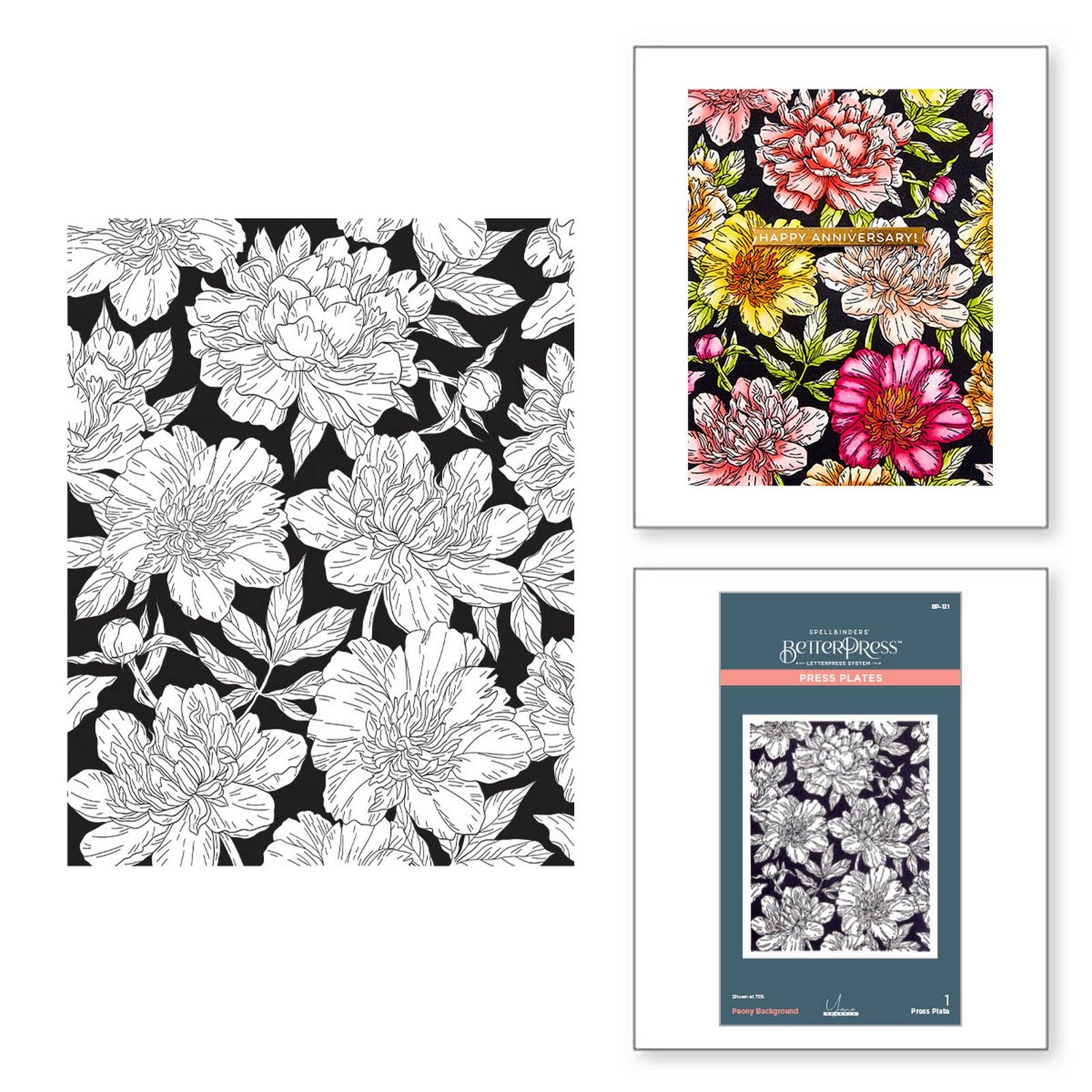 Spellbinders • Letterpress Press Plate Peony Achtergrond 11,4x14,6cm