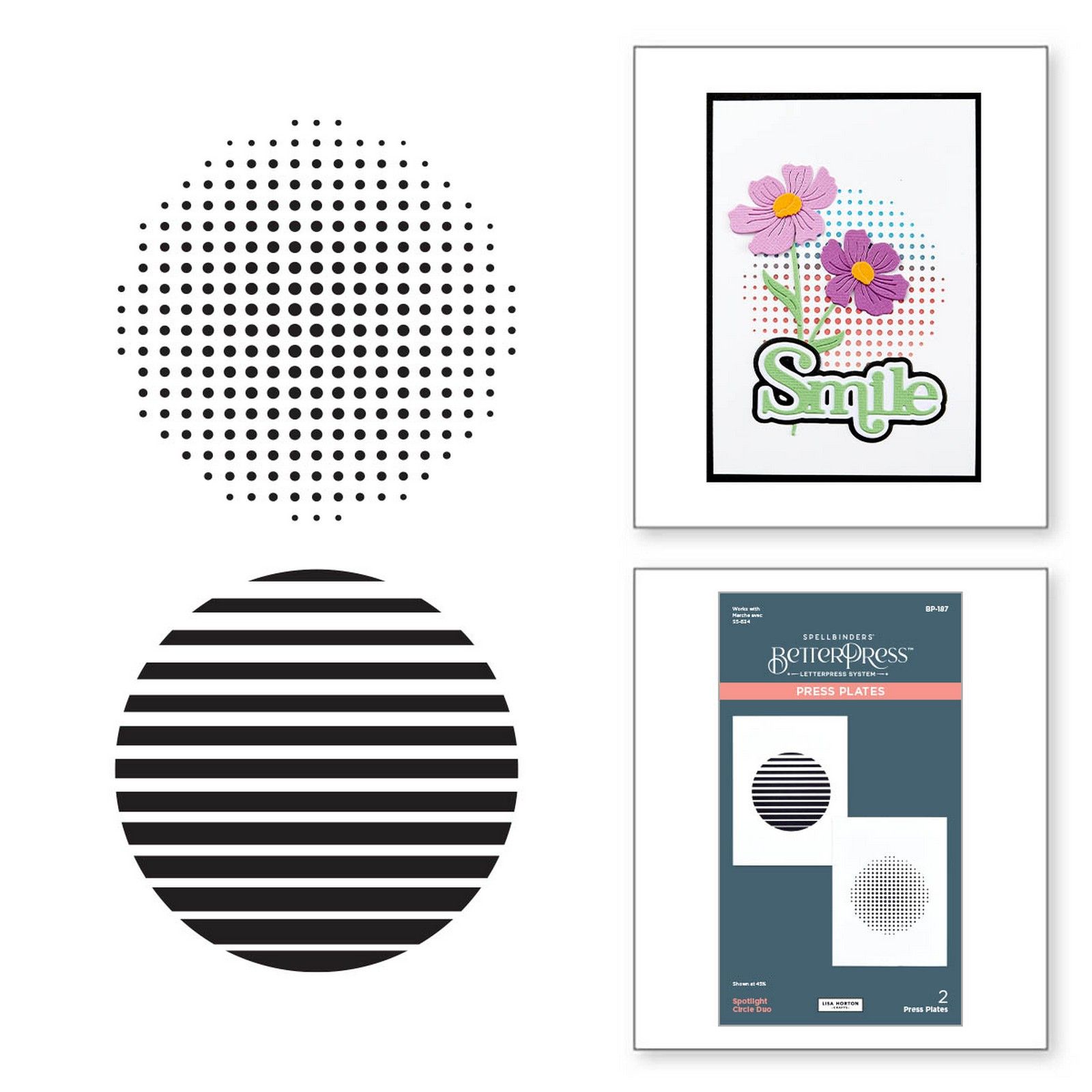 Spellbinders • Lisa Horton Letterpress Duo Press Plate Halftone Dots & Stripes Ø7,6cm 2st.