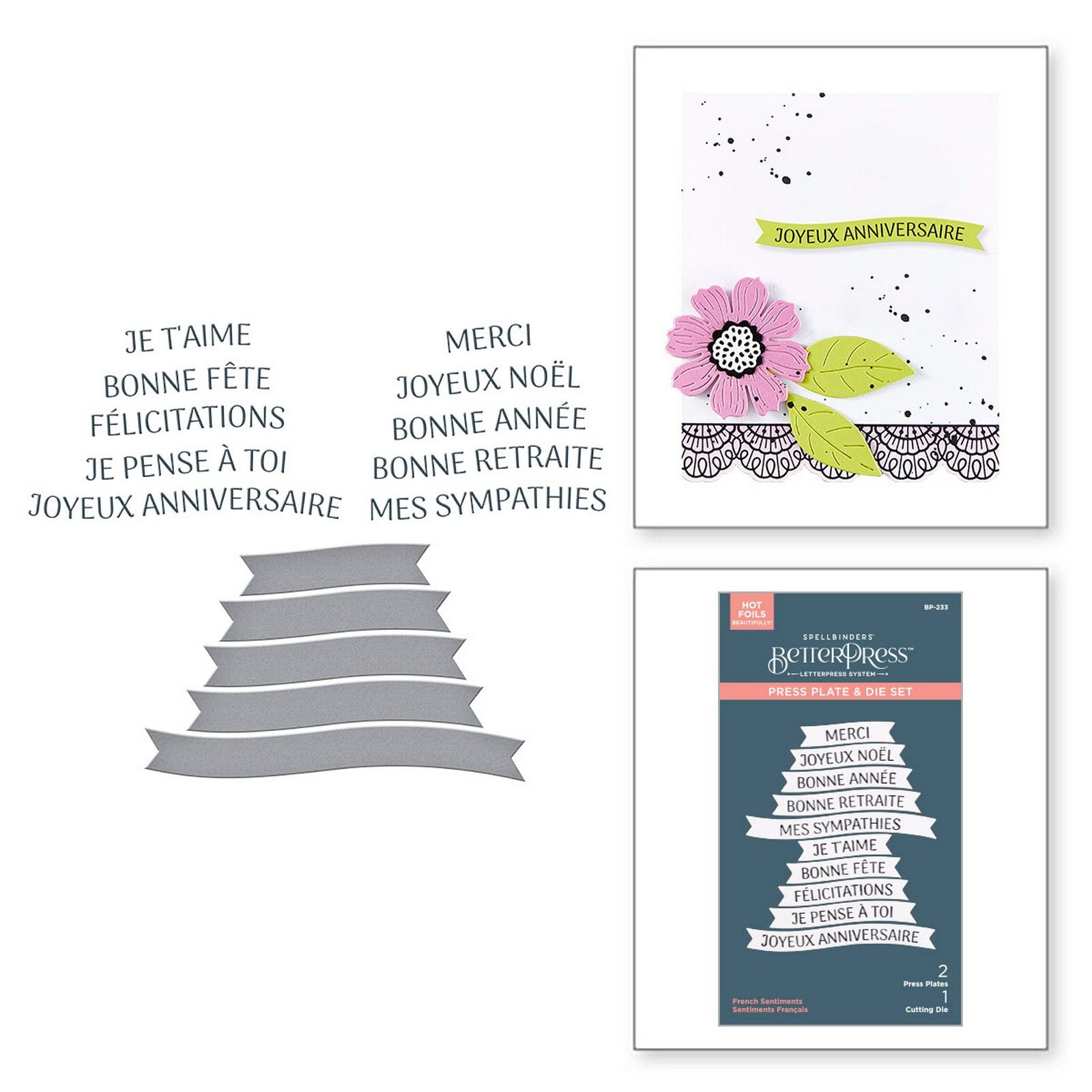 Spellbinders • BetterPress Letterpress Press Plate & Matrice de Découpe Bande Sentiments Français 3pcs