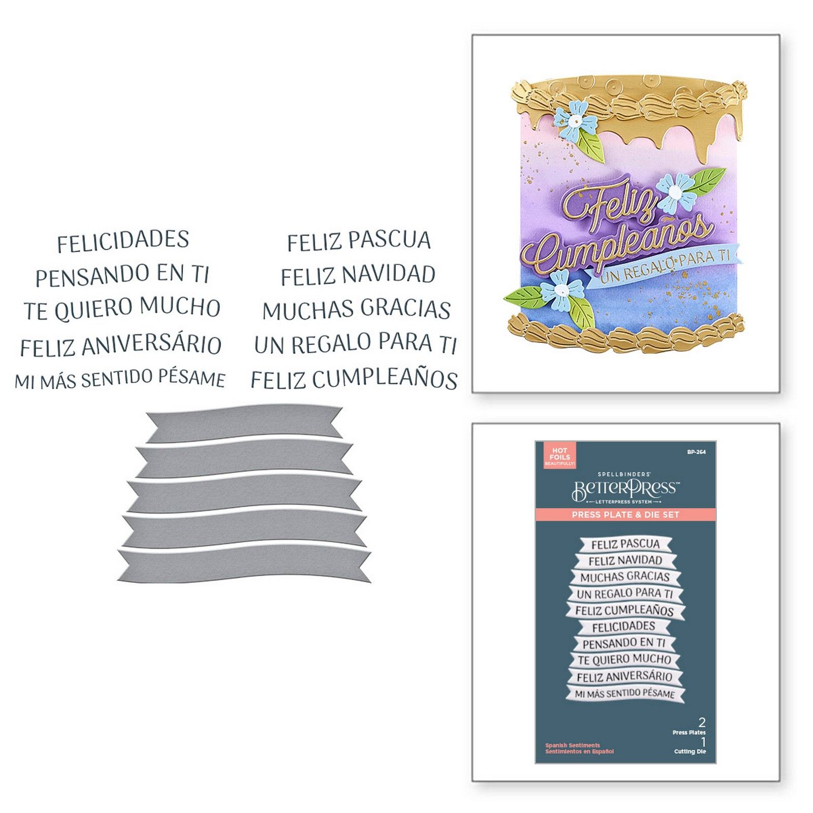 Spellbinders • BetterPress Letterpress Press Plate & Matrice Bannière Sentiments Espagnols 3pcs