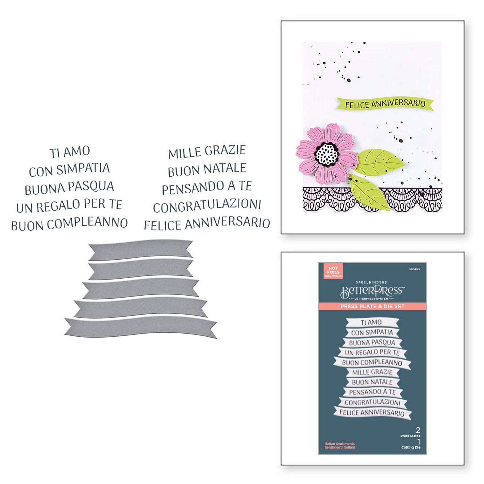 Spellbinders • BetterPress Letterpress Italiaanse Sentimenten Press Plate & Banner Snijmal Set 3st.