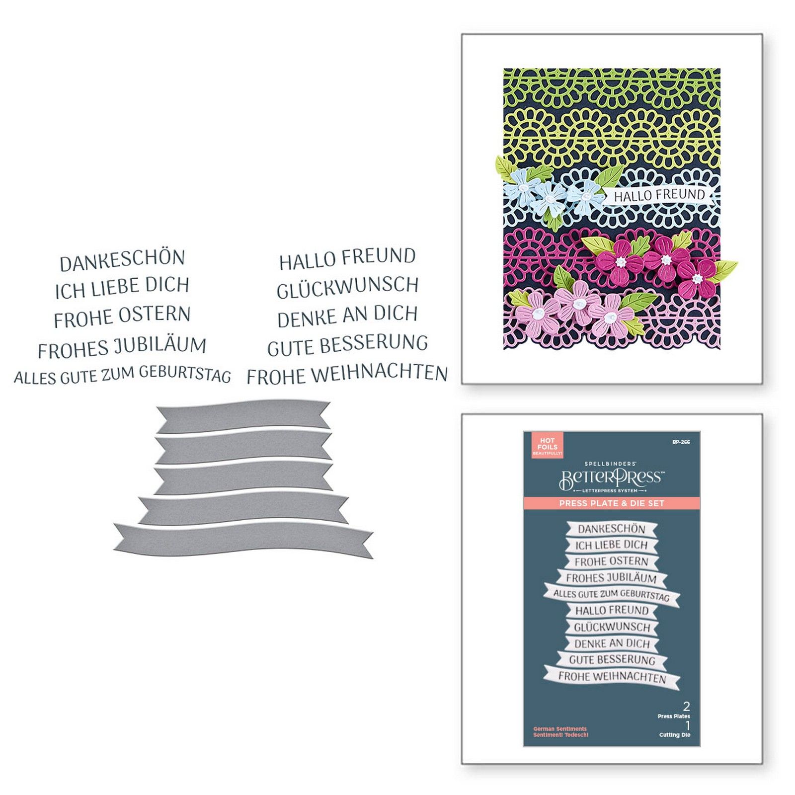 Spellbinders • BetterPress Letterpress Press Plate & Matrice Bannière Sentiments Allemands 3pcs
