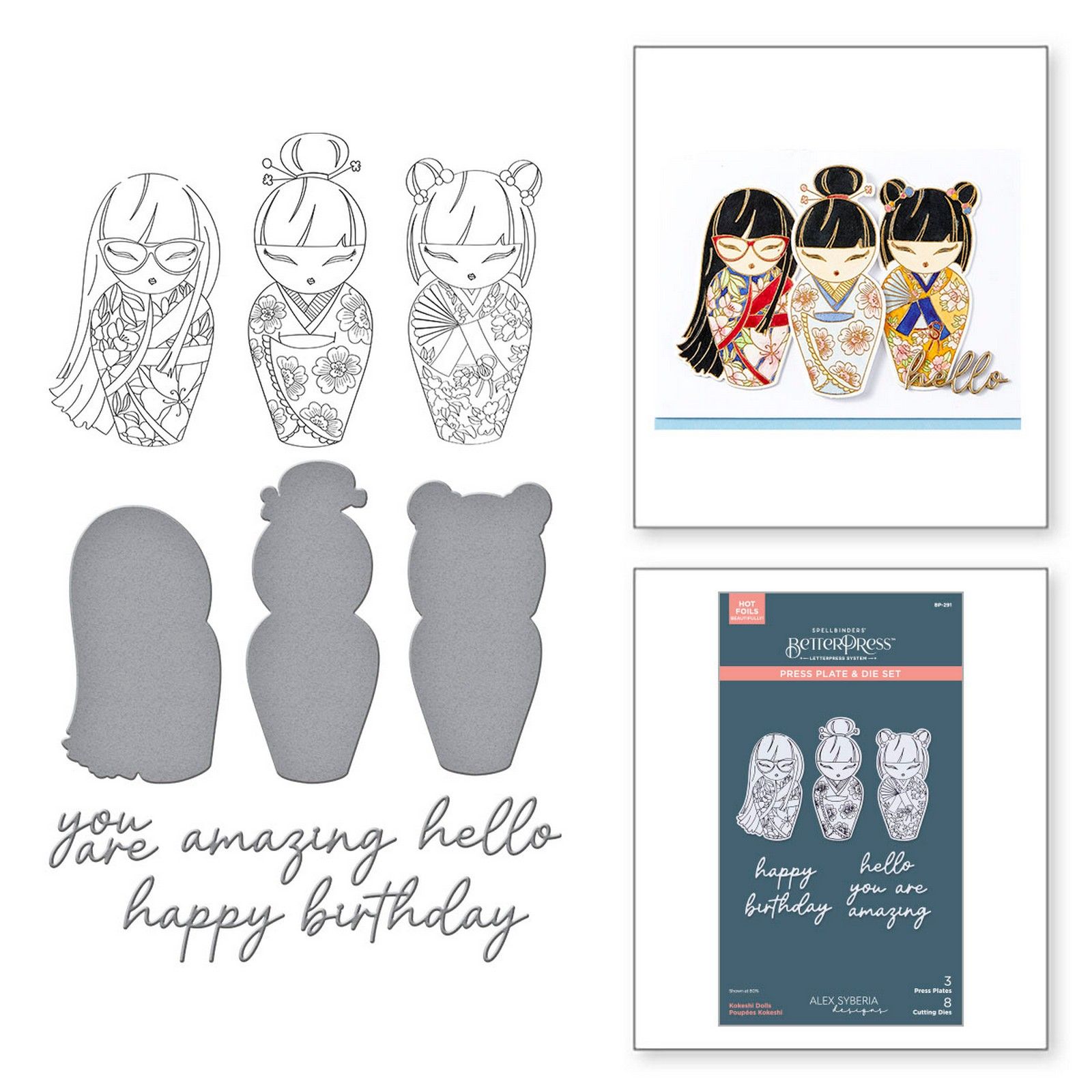 Spellbinders • Alex Syberia BetterPress Letterpress Press Plate & Snijmallen Set Kokeshi Dolls 11st.
