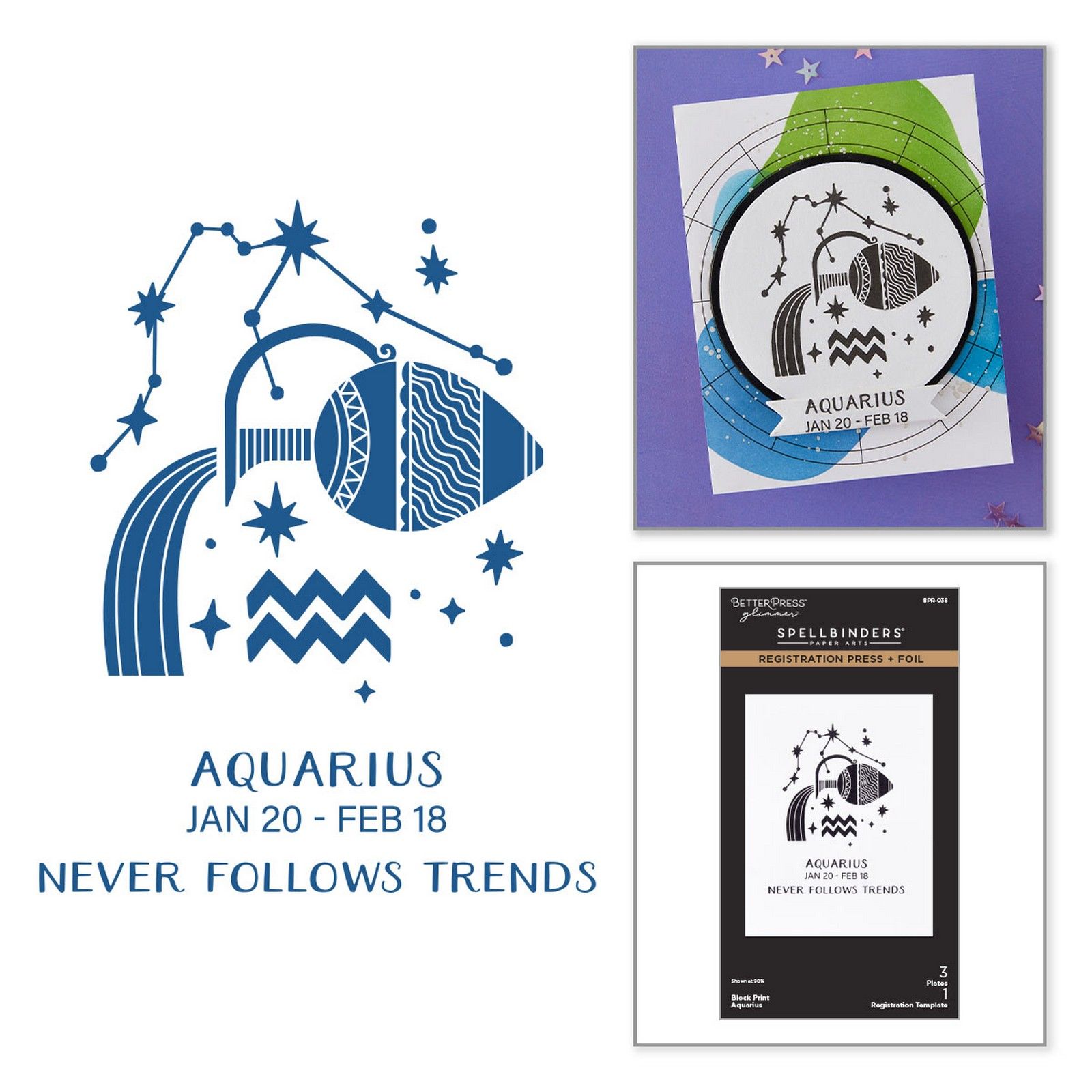 Spellbinders • Block Print Aquarius Registratie Press & Foil Plate 7,7x9,6cm Waterman 4st.