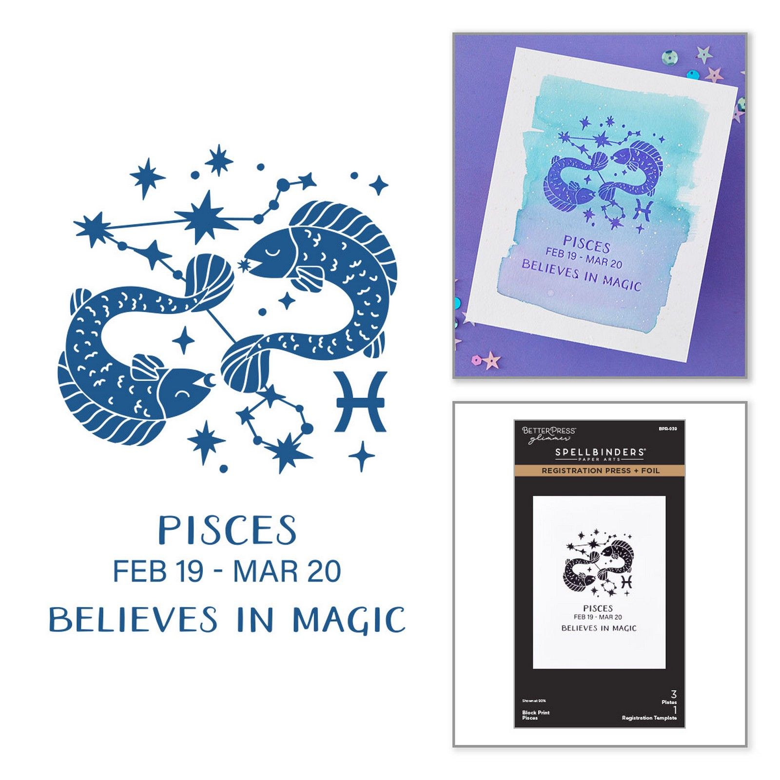 Spellbinders • Block Print Pisces Registratie Pers & Folieplaat 5,9x8,2cm Vissen 4st.