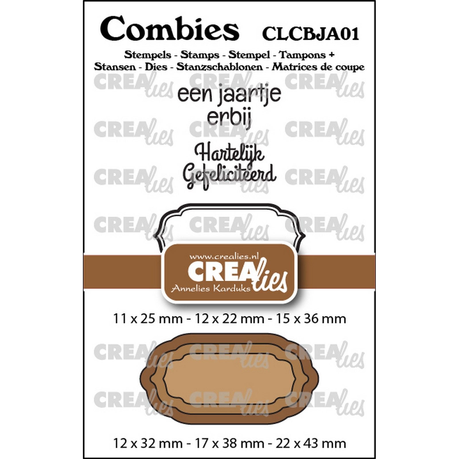 Crealies • Combies Stempelset Jarig 01: 2 teksten + 1 tag/label