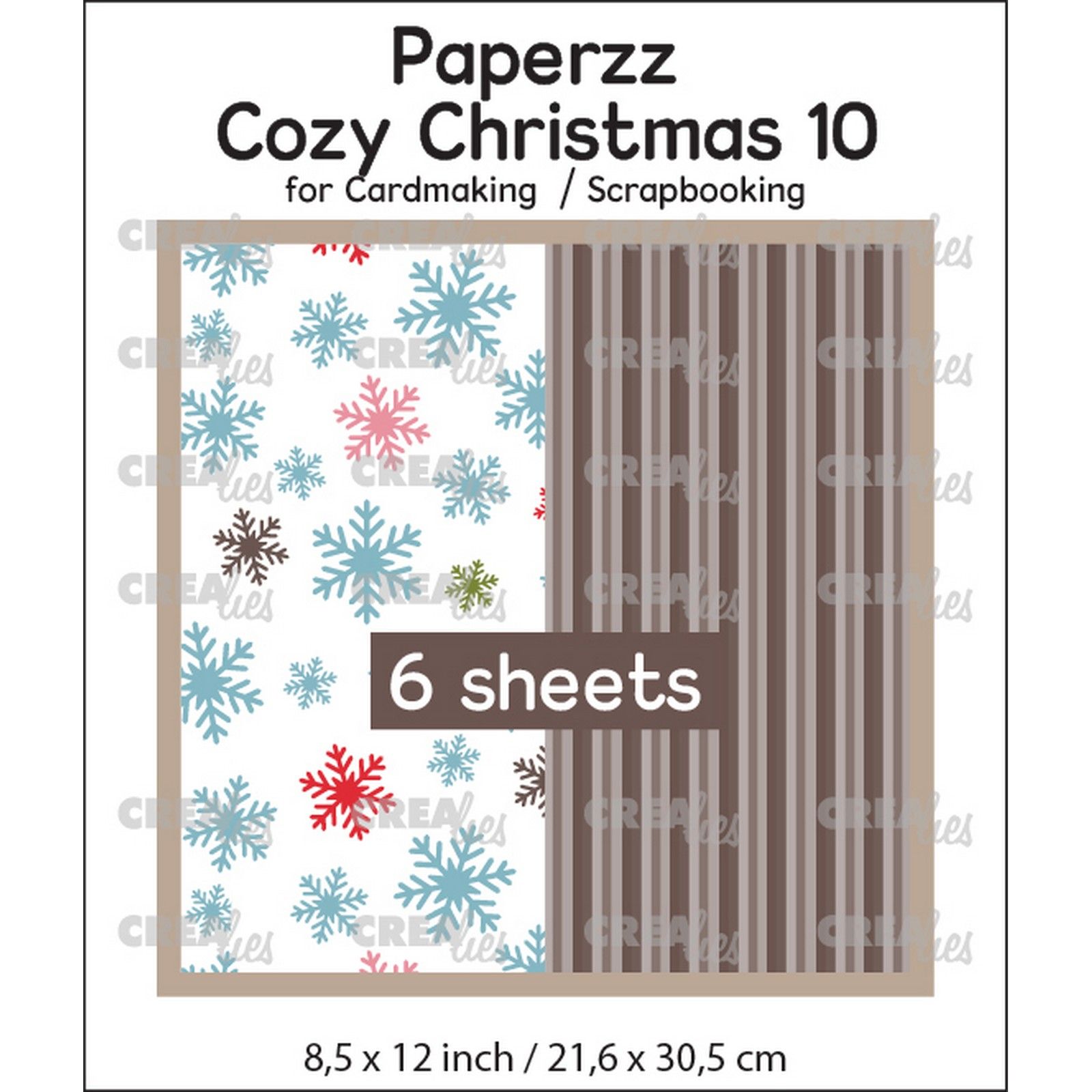 Crealies • Paperzz 6x Cozy Christmas sheet 10: snowflakes + brown stripes