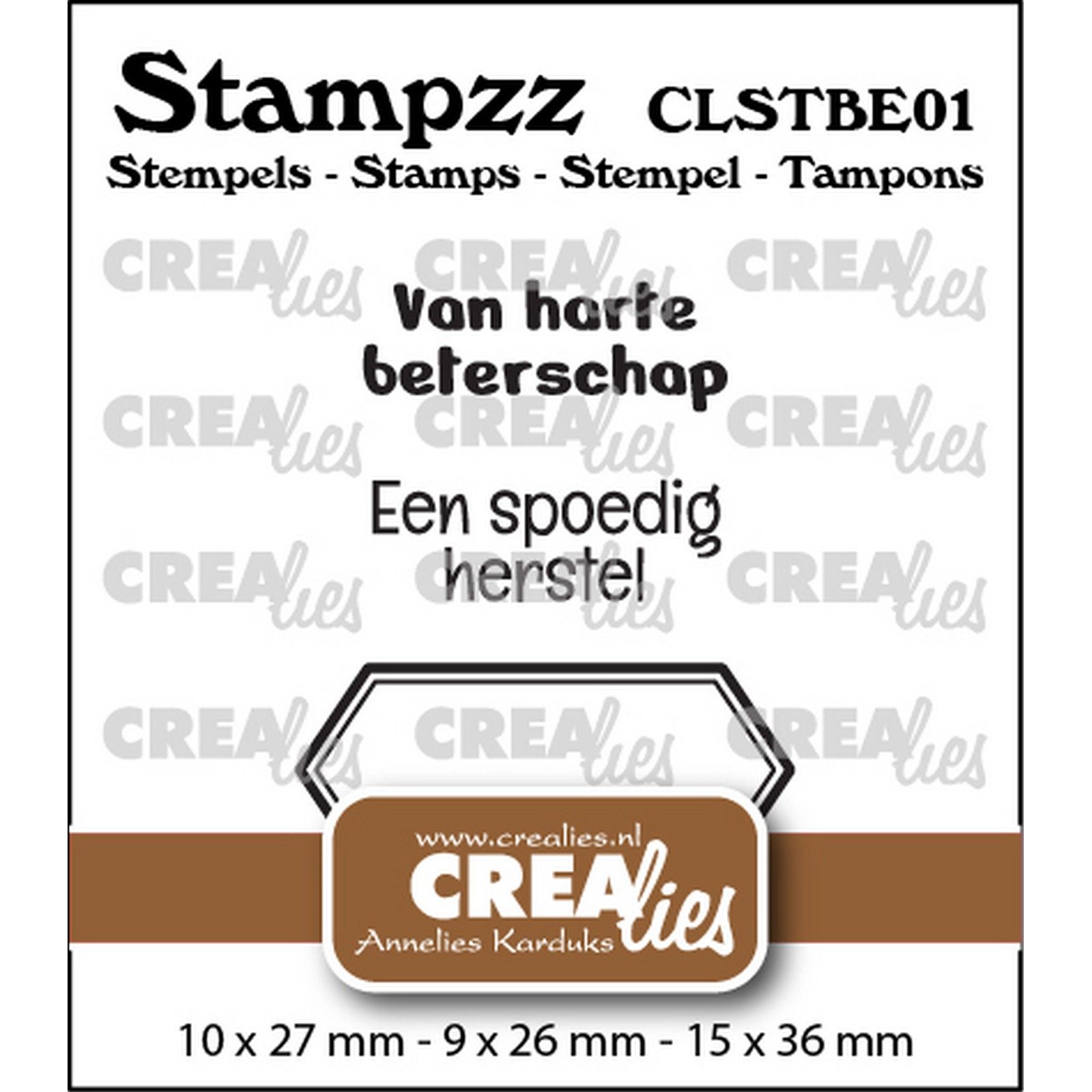 Crealies • Stampzz Stempelset Beterschap 01: 2 teksten + 1 tag/label