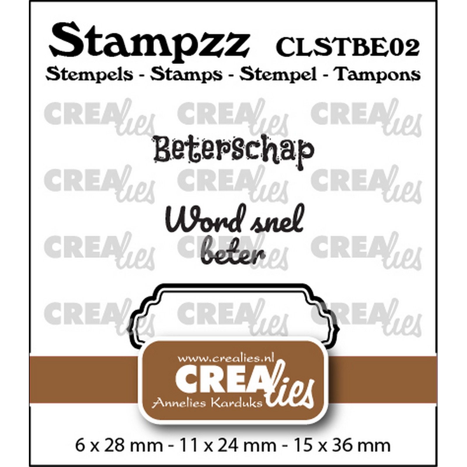 Crealies • Stampzz Stempelset Beterschap 02: 2 teksten + 1 tag/label