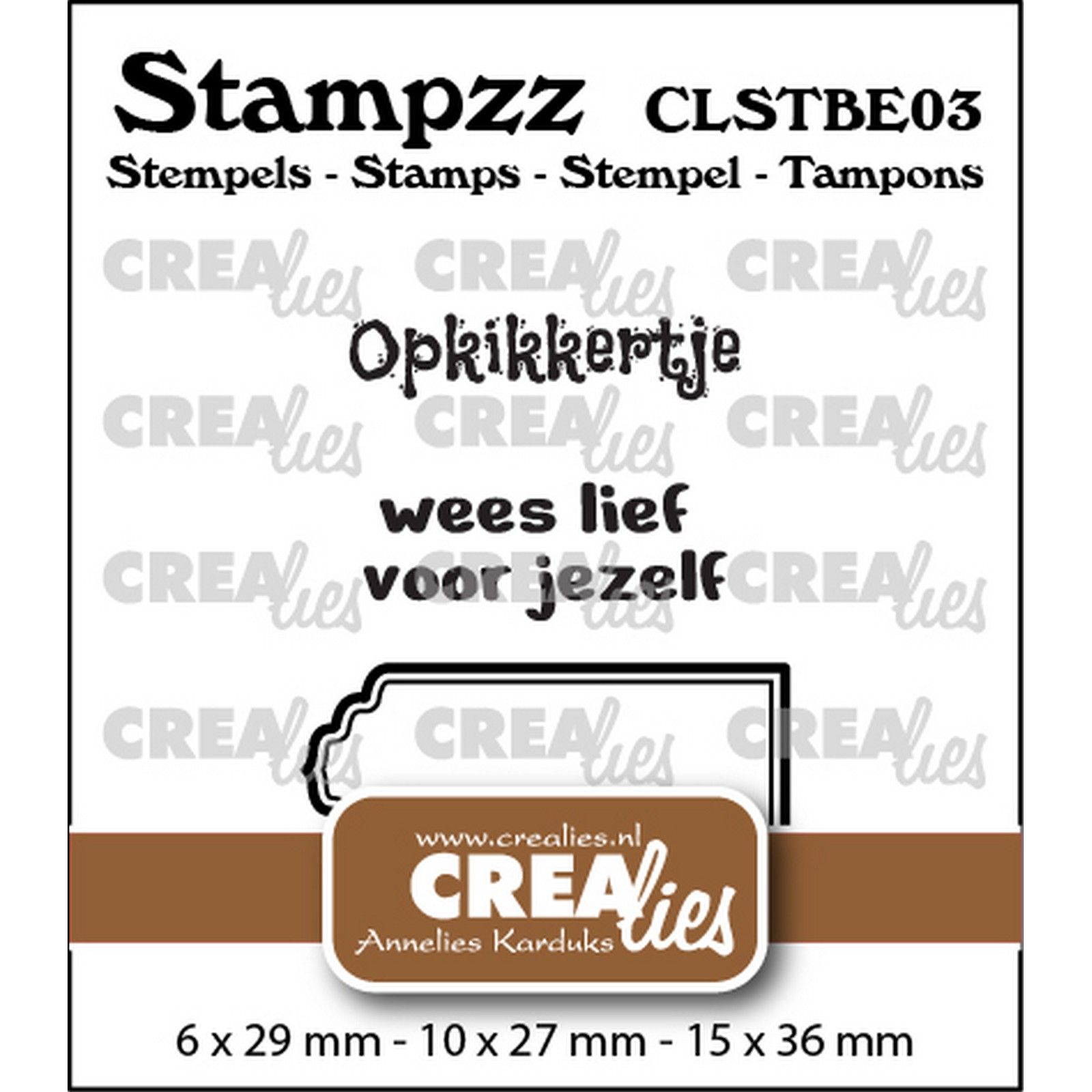 Crealies • Stampzz Stempelset Beterschap 03: 2 teksten + 1 tag/label