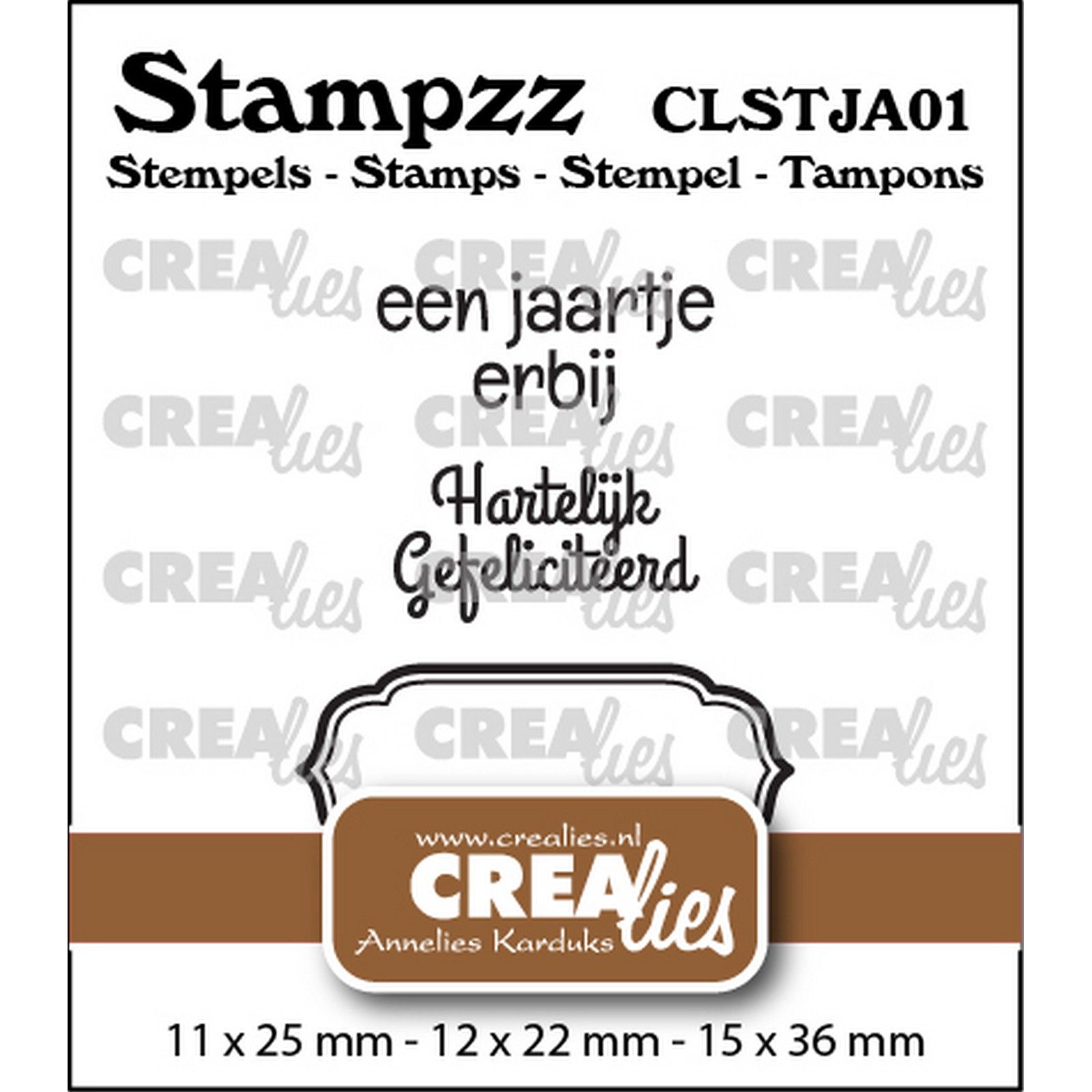 Crealies • Stampzz Stempelset Jarig 01: 2 teksten + 1 tag/label