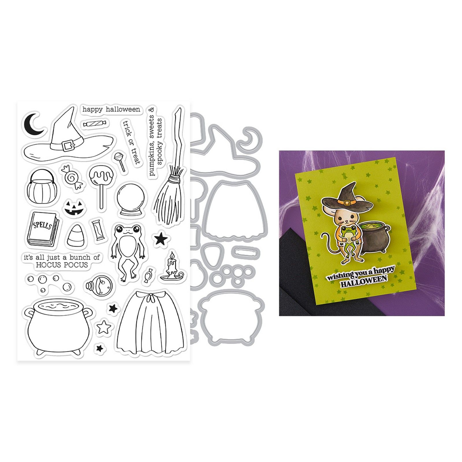 Hero Arts • Stempel & Snijmalset Tricks & Treats Hocus Pocus Halloween 5,5x3,4cm 6st.