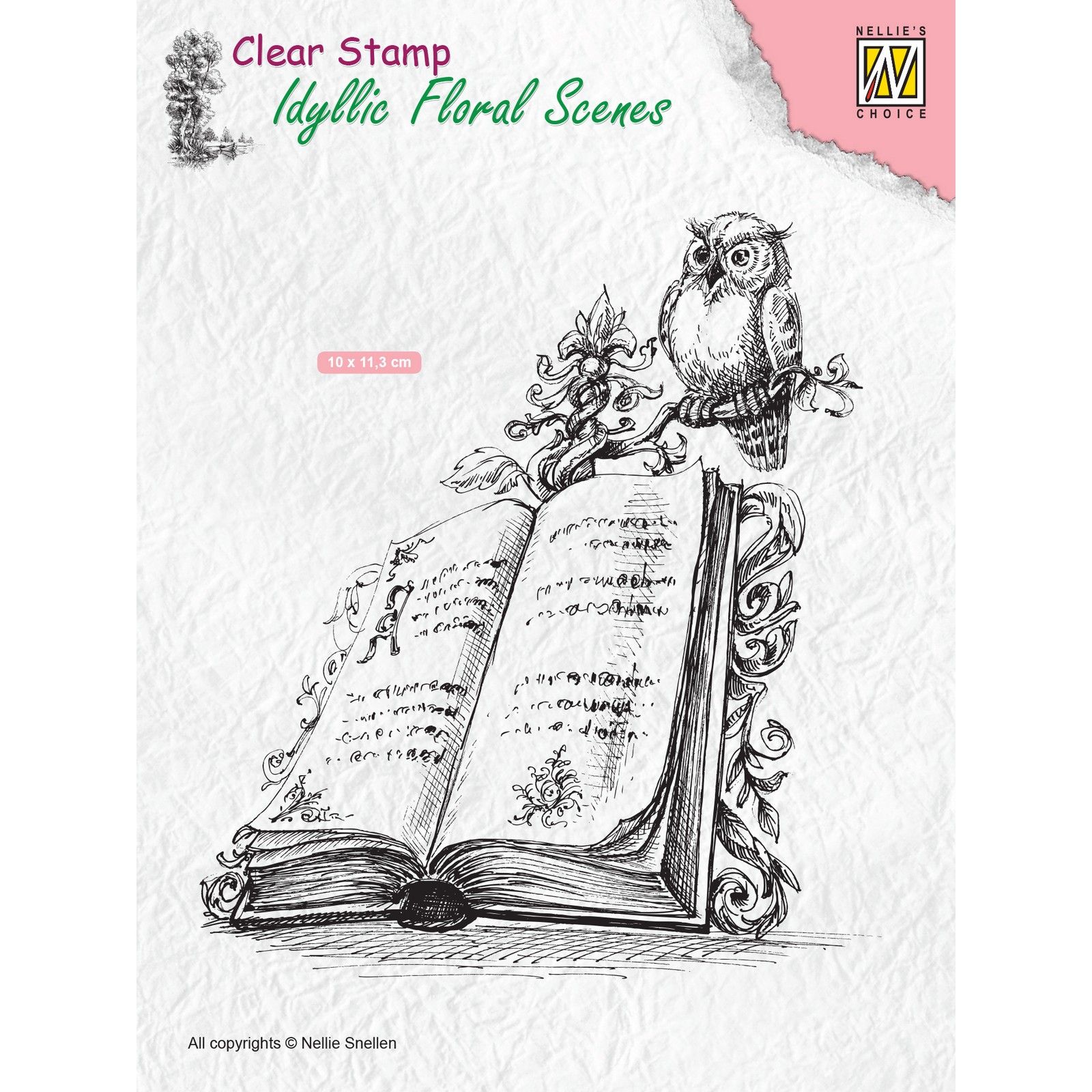 Nellie's Choice • Idyllic Floral Scenes Clear Stamps Scene with Book and Owl 100x112,5mm