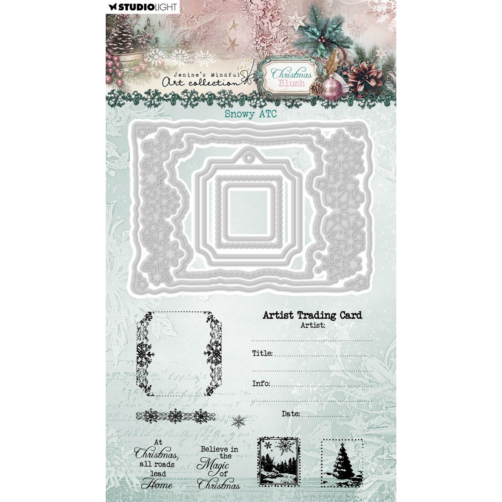 Studio Light • Jenine's Mindful Art Christmas Blush Stamp and Cutting dies Snowy ATC