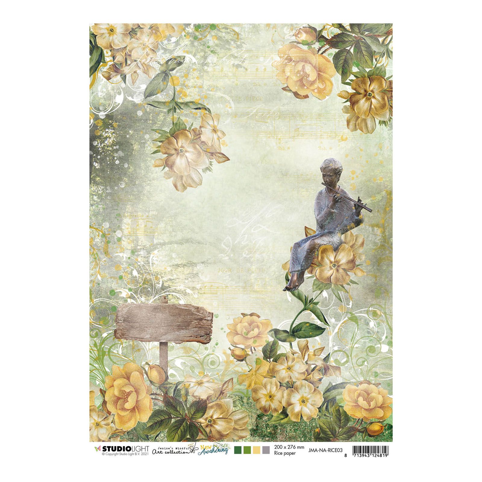 Studio Light • New awakening rijstpapier Figuur met fluit, bloemen, bord nr.03