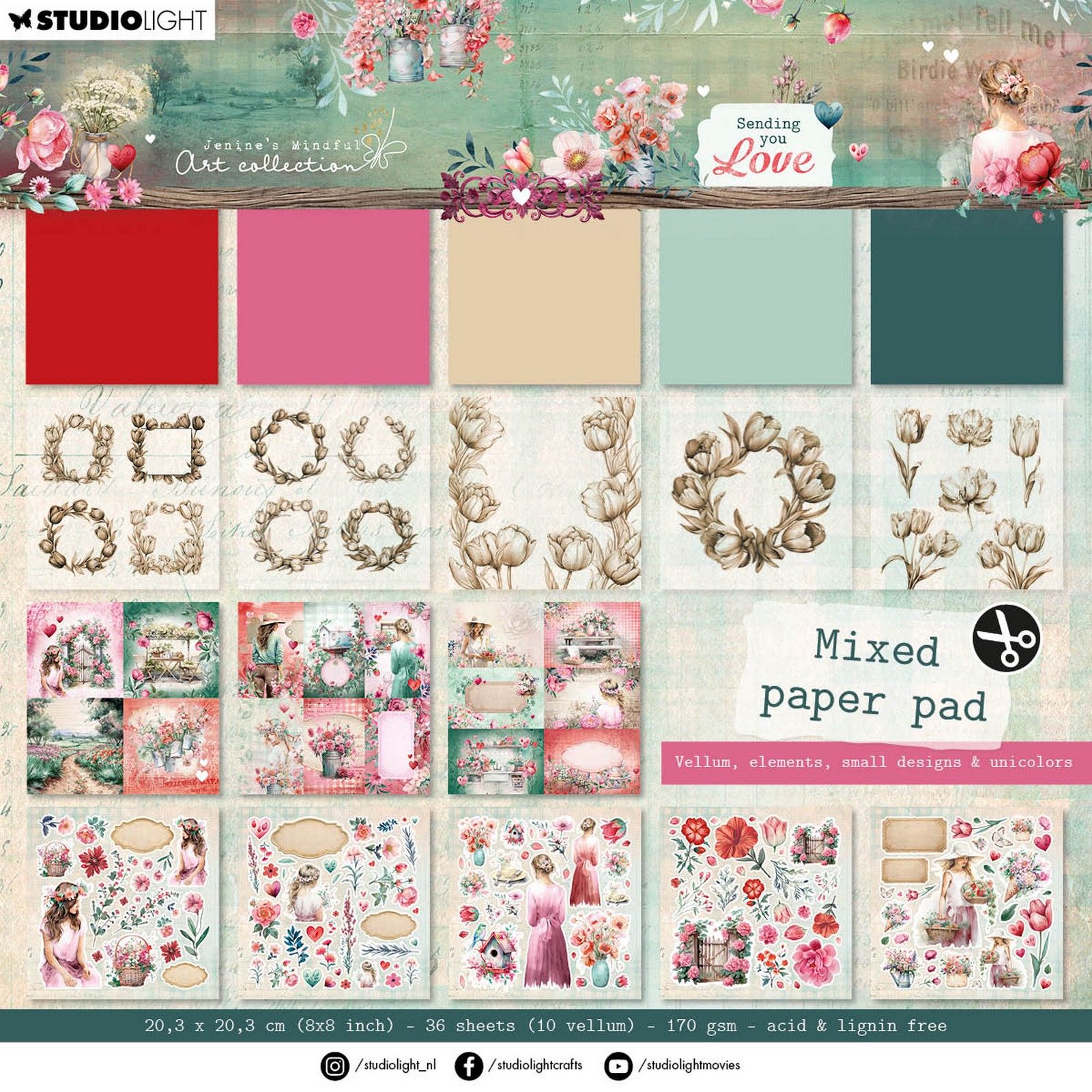 Studio Light • Jenine's Mindful Art Mixed Paper Pad Sending You Love Vellum, Unicolor & Elements