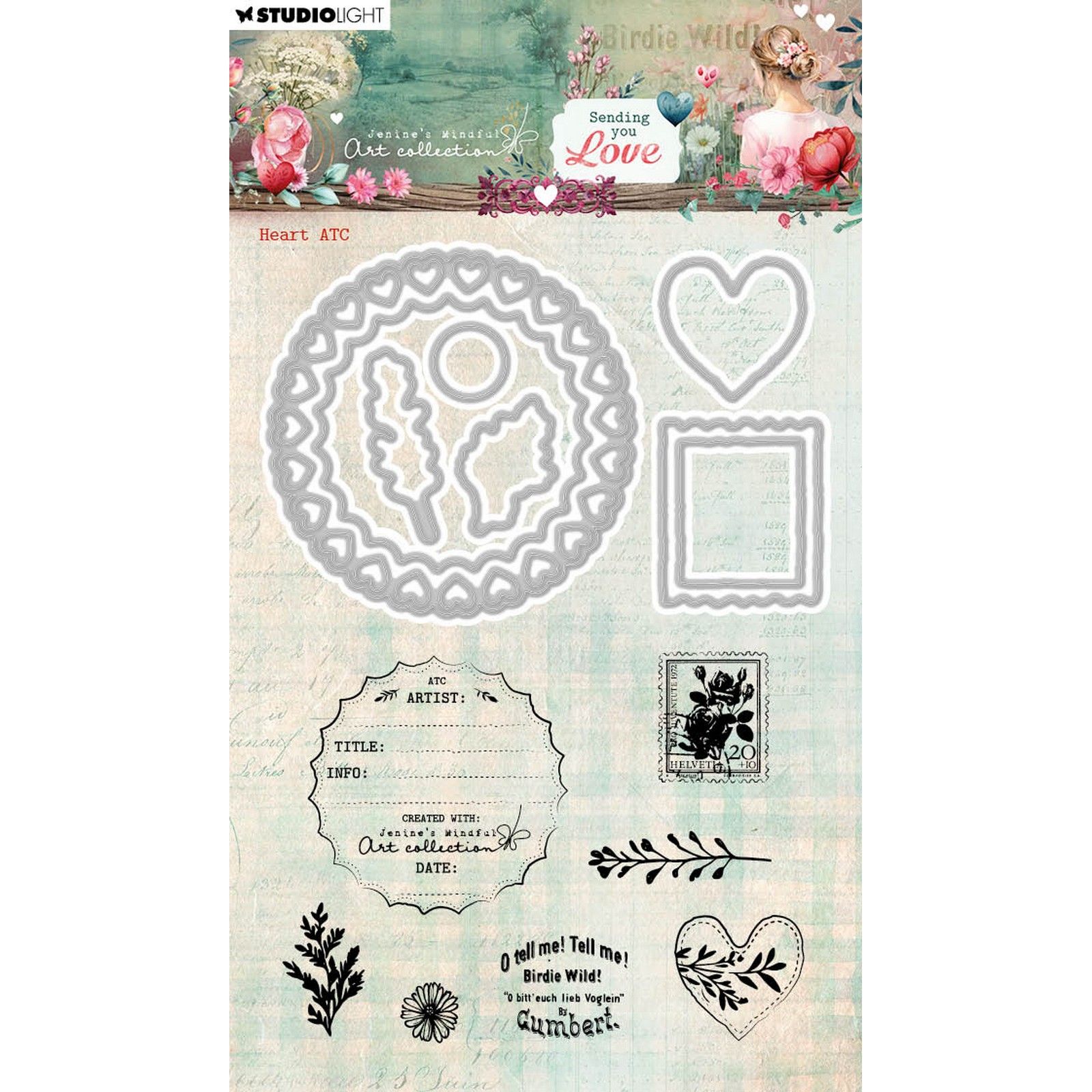 Studio Light • Jenine's Mindful Art Stamp And Cutting Dies Sending You Love Heart Atc