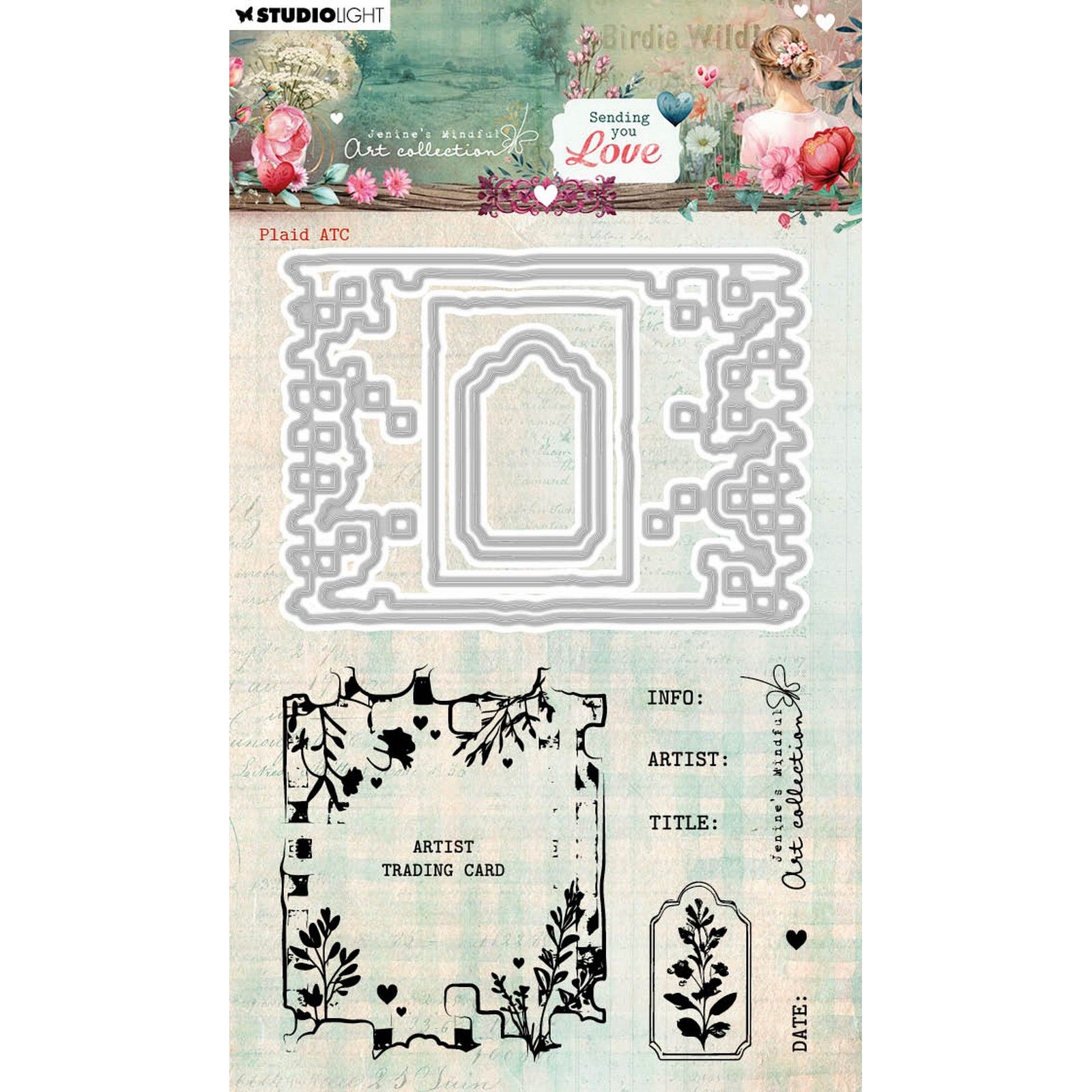 Studio Light • Jenine's Mindful Art Stamp And Cutting Dies Sending You Love Plaid Atc