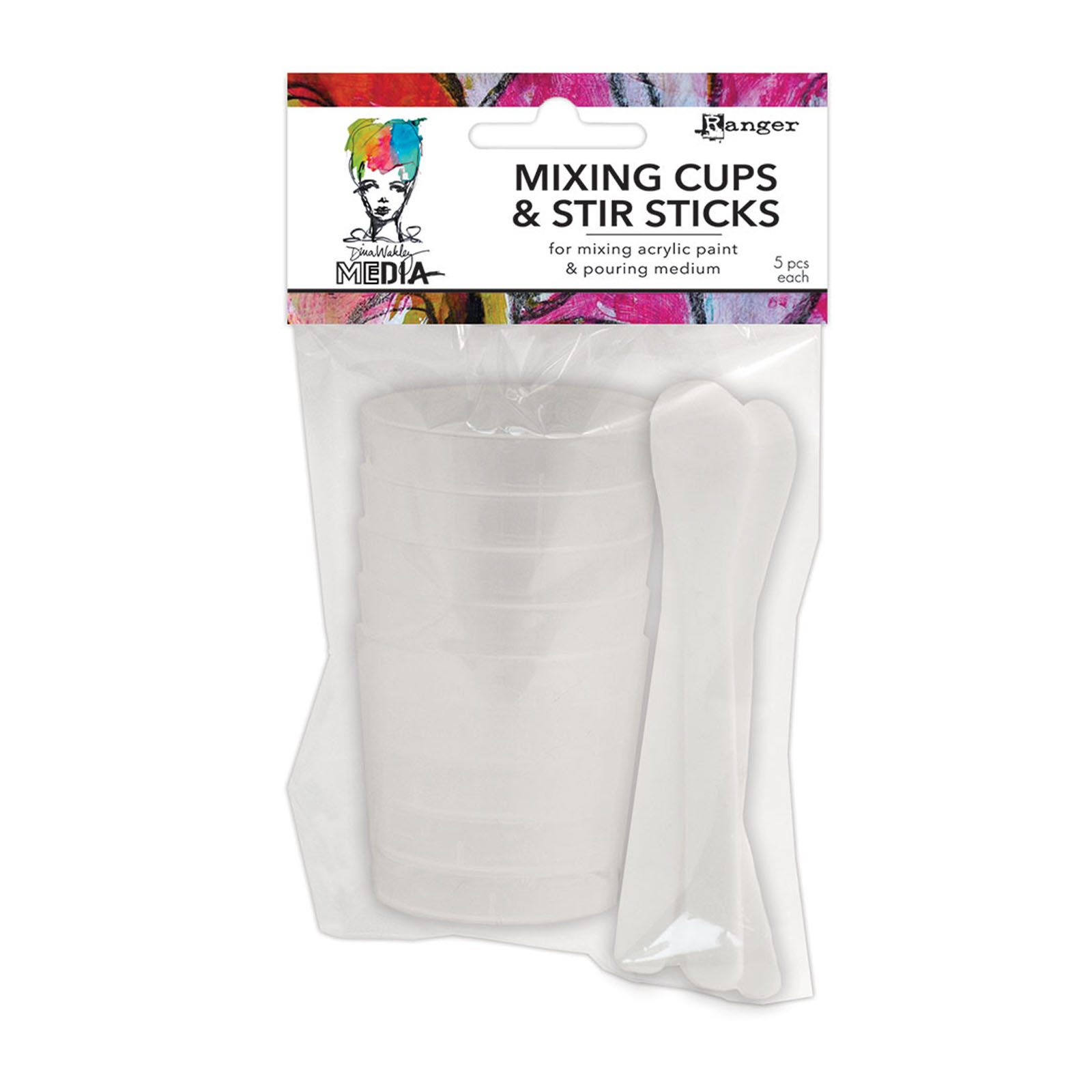 Ranger • Dina Wakley Media mixing cups 5pcs + white stir sticks 5pcs
