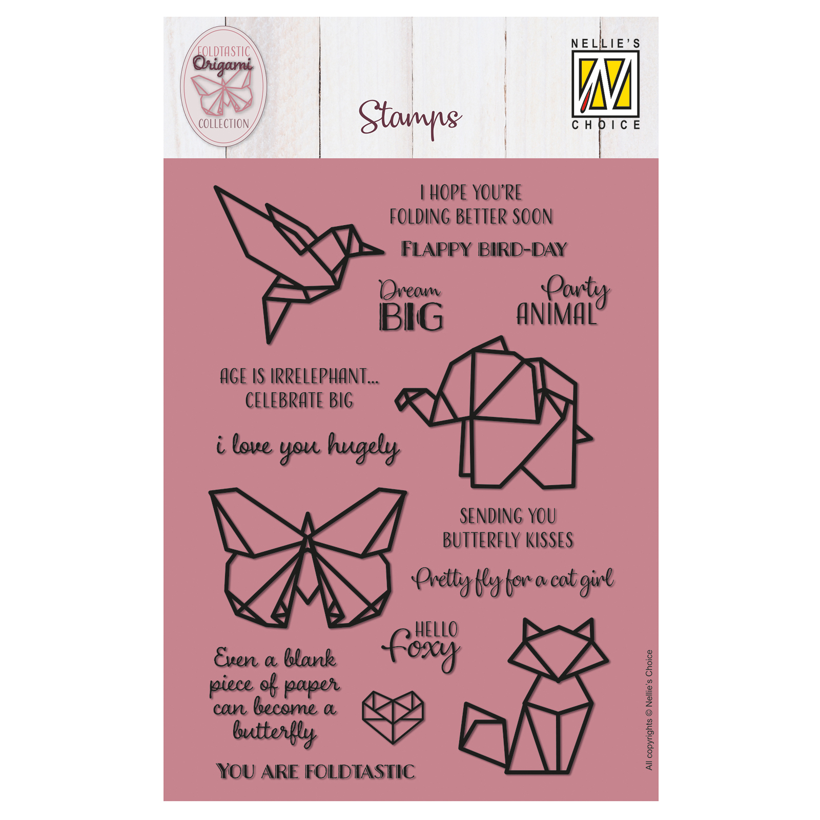 Nellie's Choice • Tampons Transparents Textes et Dessins Origami 14pcs