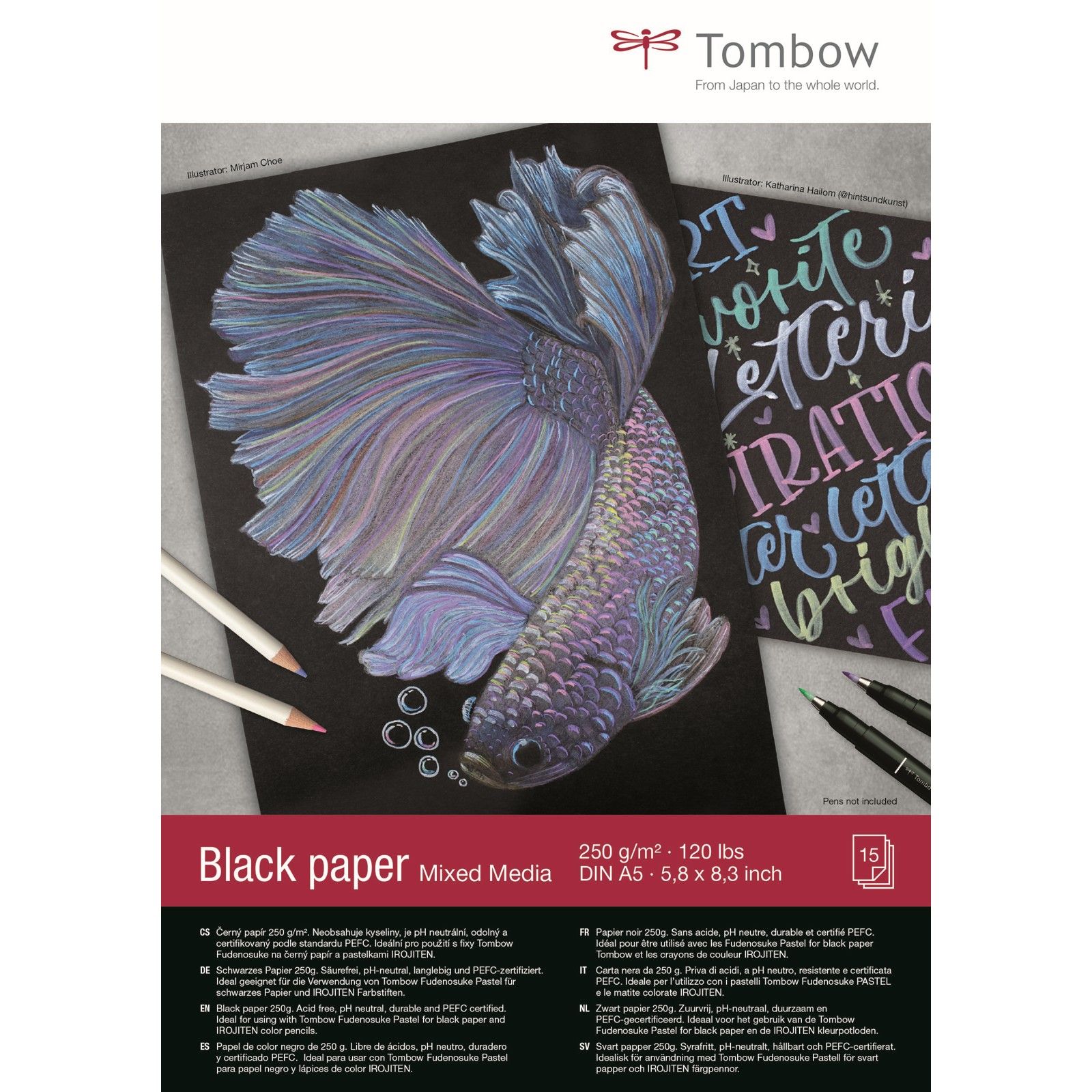 Tombow • Black paper DIN A5 (14,8 x 21 cm), 15 sheets, 250 g/m² (120 lbs), Black