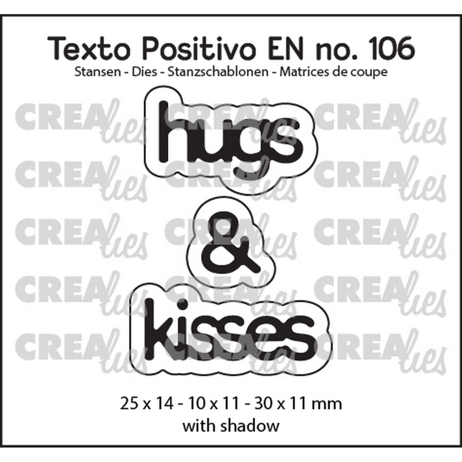 Crealies • Texto Positivo EN Dies Hugs & Kisses