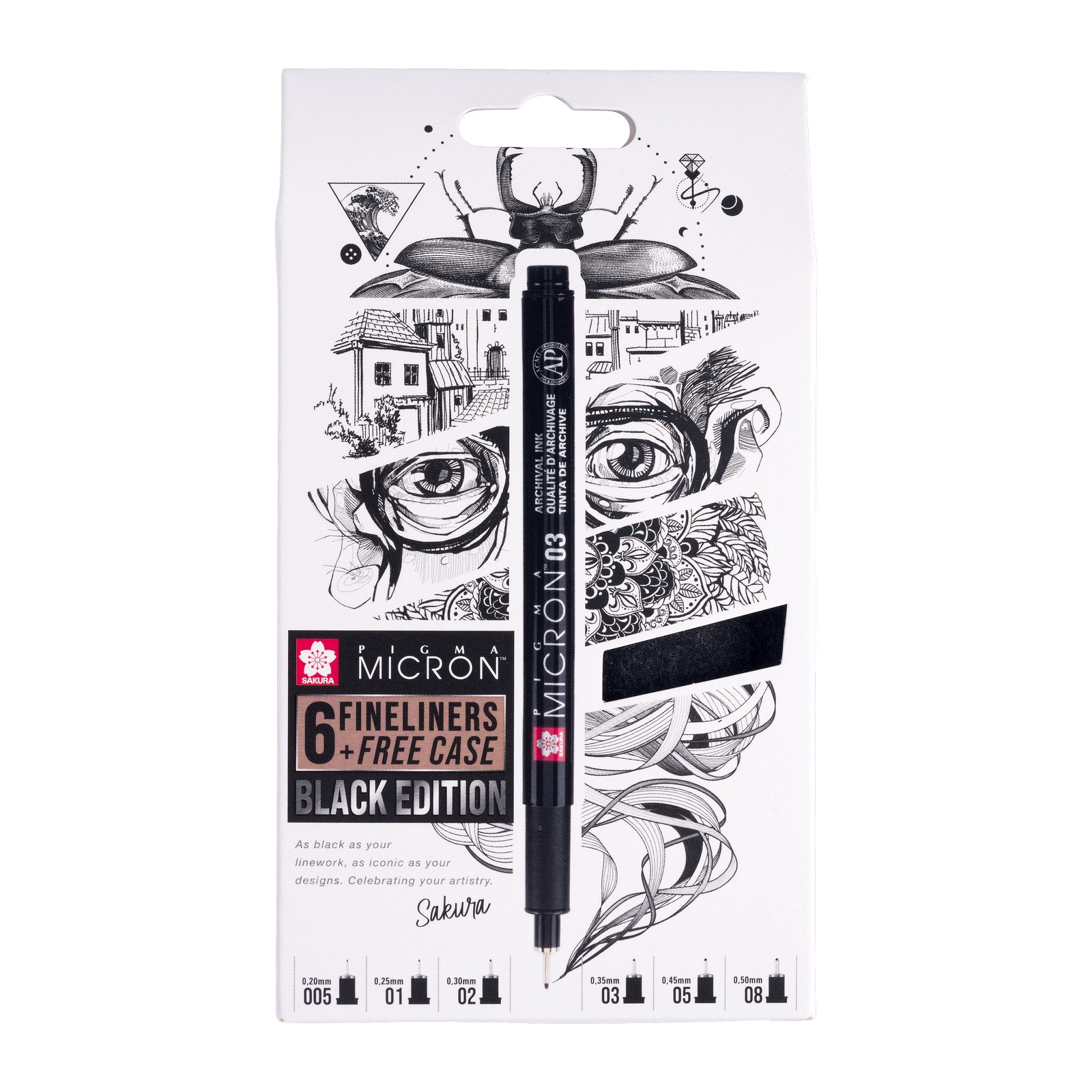 Sakura • Pigma Micron Black Edition set + gratis etui | 6 pennen, zwart