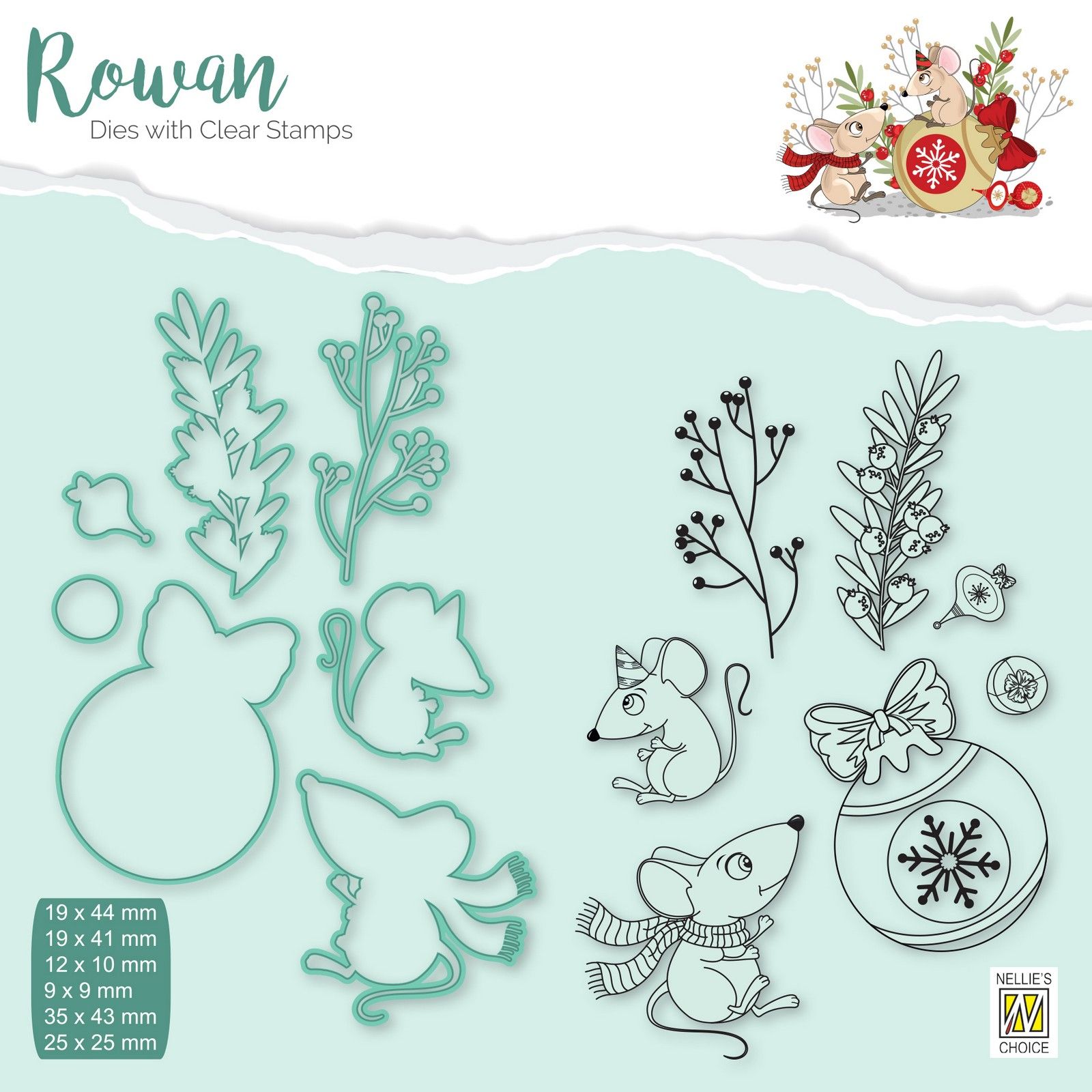 Nellie's Choice • Rowan Cutting Die & Clear Stamp Maus mit Weihnachtskugel 14St.