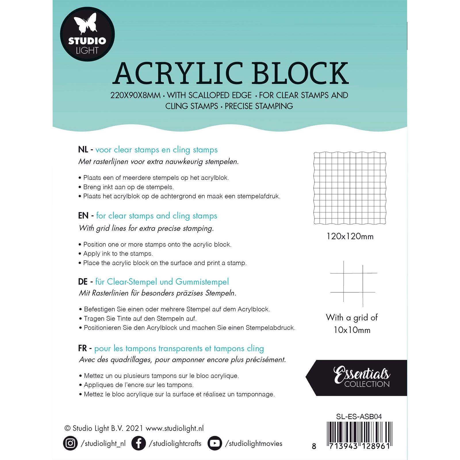 Studio Light • Essentials Acryl Stamp Block for Clear and Cling Stamps with  Grid 12x12x0.8cm Nr.04