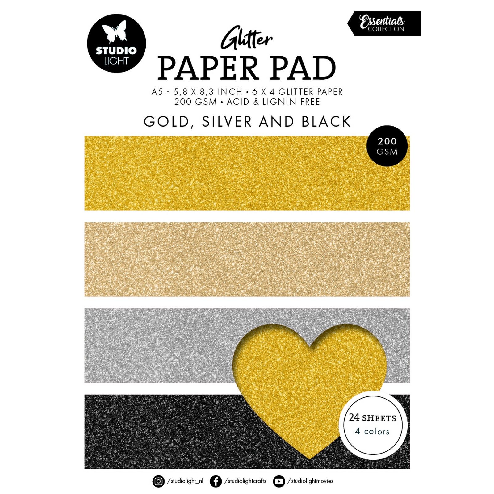 Studio Light • Essentials Glitter Paper Pad Gold, silver and black 