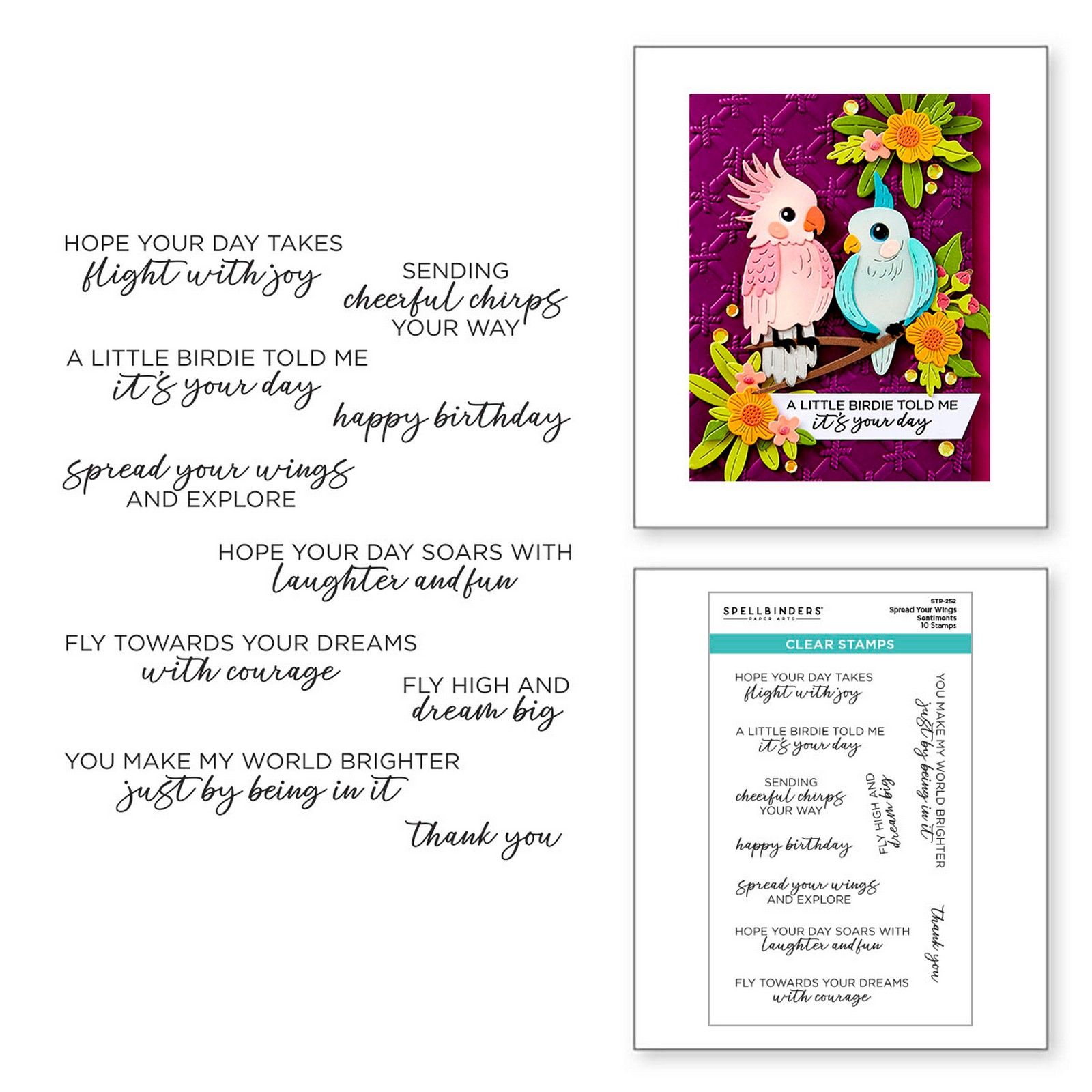 Spellbinders • Set de Sellos Transparentes Cheerful Chirps Sentiments 3,2–7,95cm 10uds